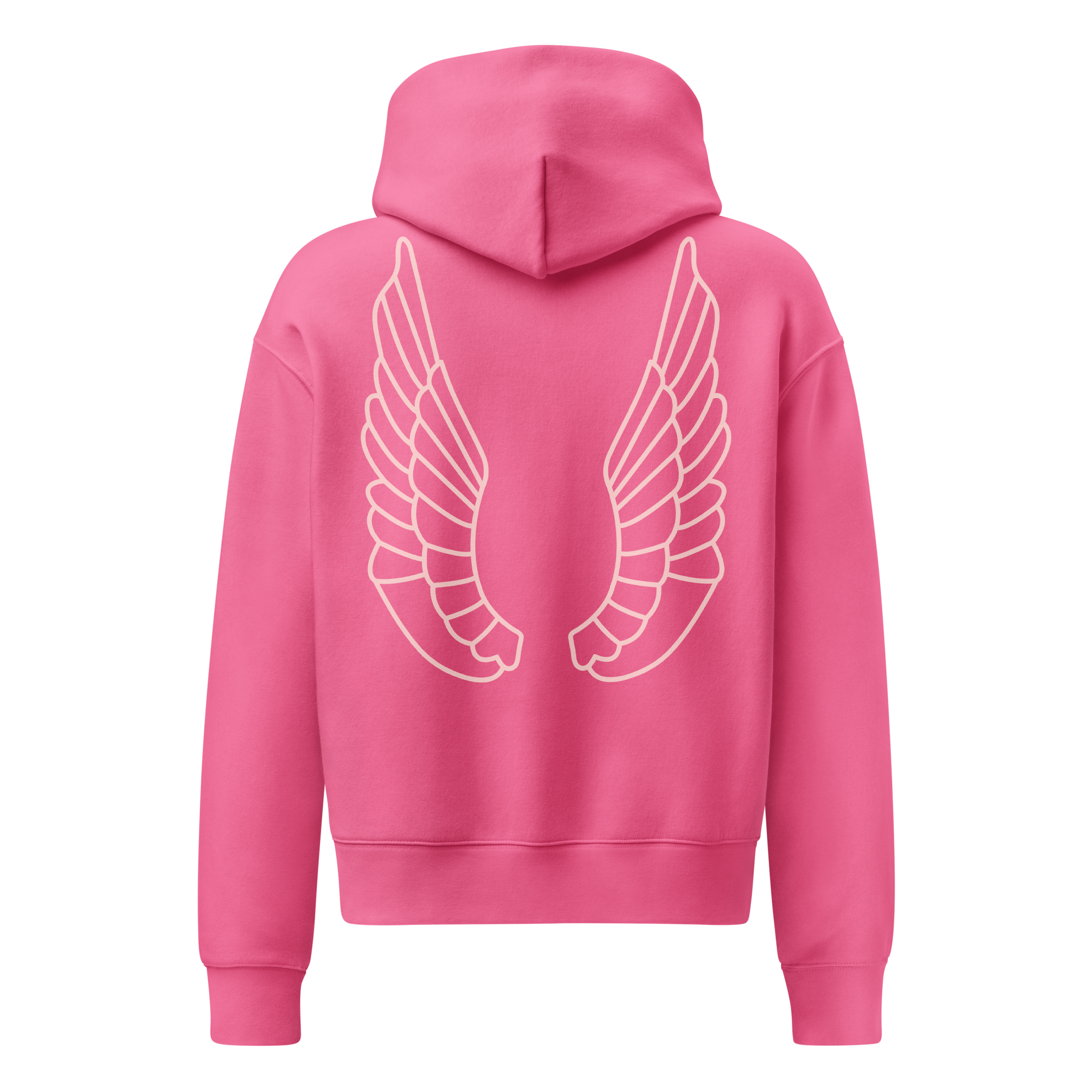 Grab Life Company hoodie with But First You Must Leap on the front in pink and wings on the back of a Charity pink sweatshirt. Image shows the back.