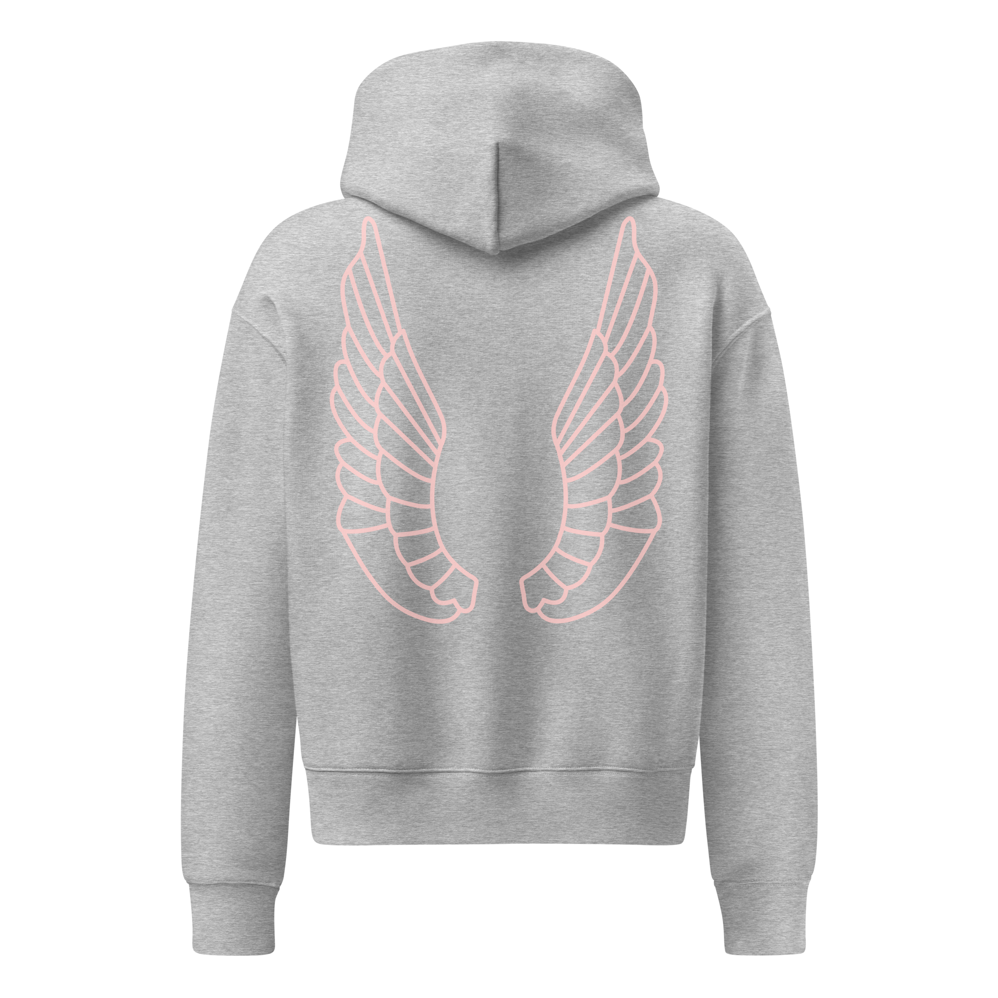 Grab Life Company hoodie with But First You Must Leap on the front in pink and wings on the back of a heather grey sweatshirt. Image shows the back.