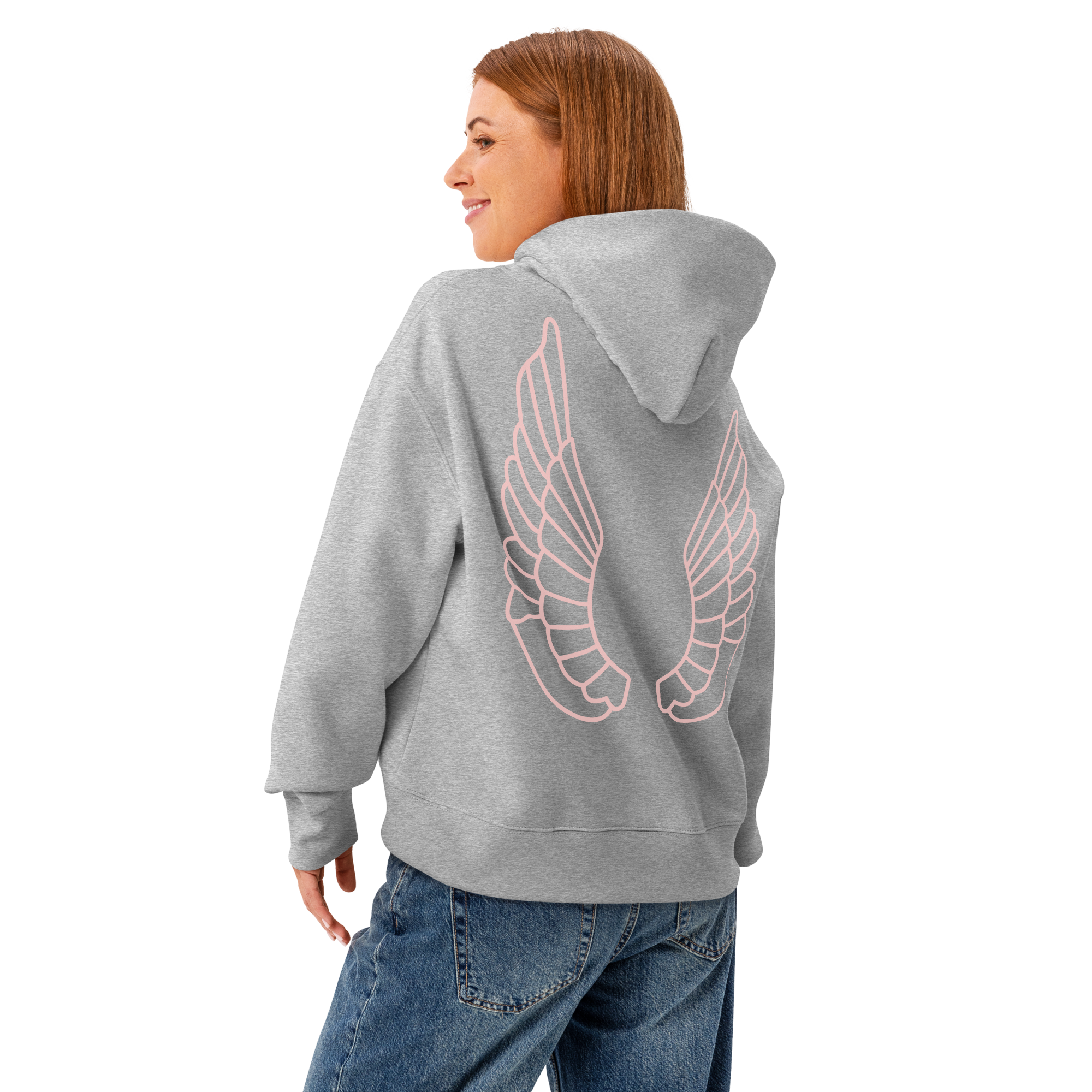 Grab Life Company hoodie with But First You Must Leap on the front in pink and wings on the back of a heather grey sweatshirt. Image shows the back.