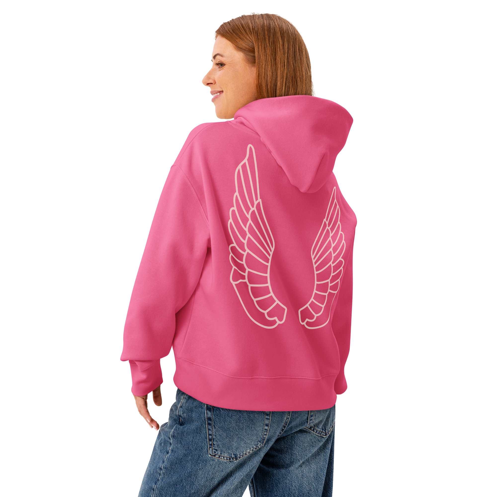 Grab Life Company hoodie with But First You Must Leap on the front in pink and wings on the back of a Charity pink sweatshirt. Image shows the back.
