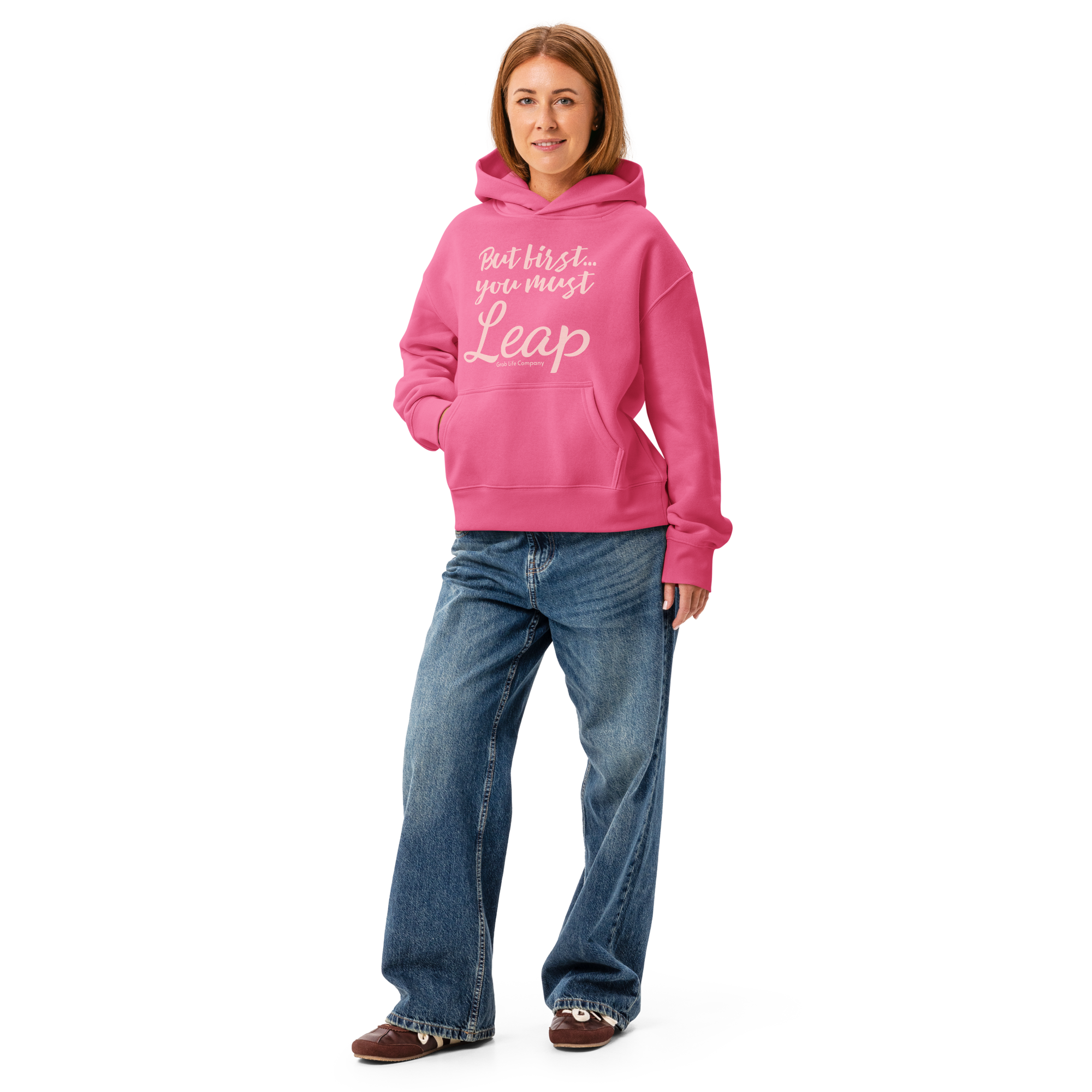 Grab Life Company hoodie with But First You Must Leap on the front in pink and wings on the back of a Charity Pink sweatshirt.