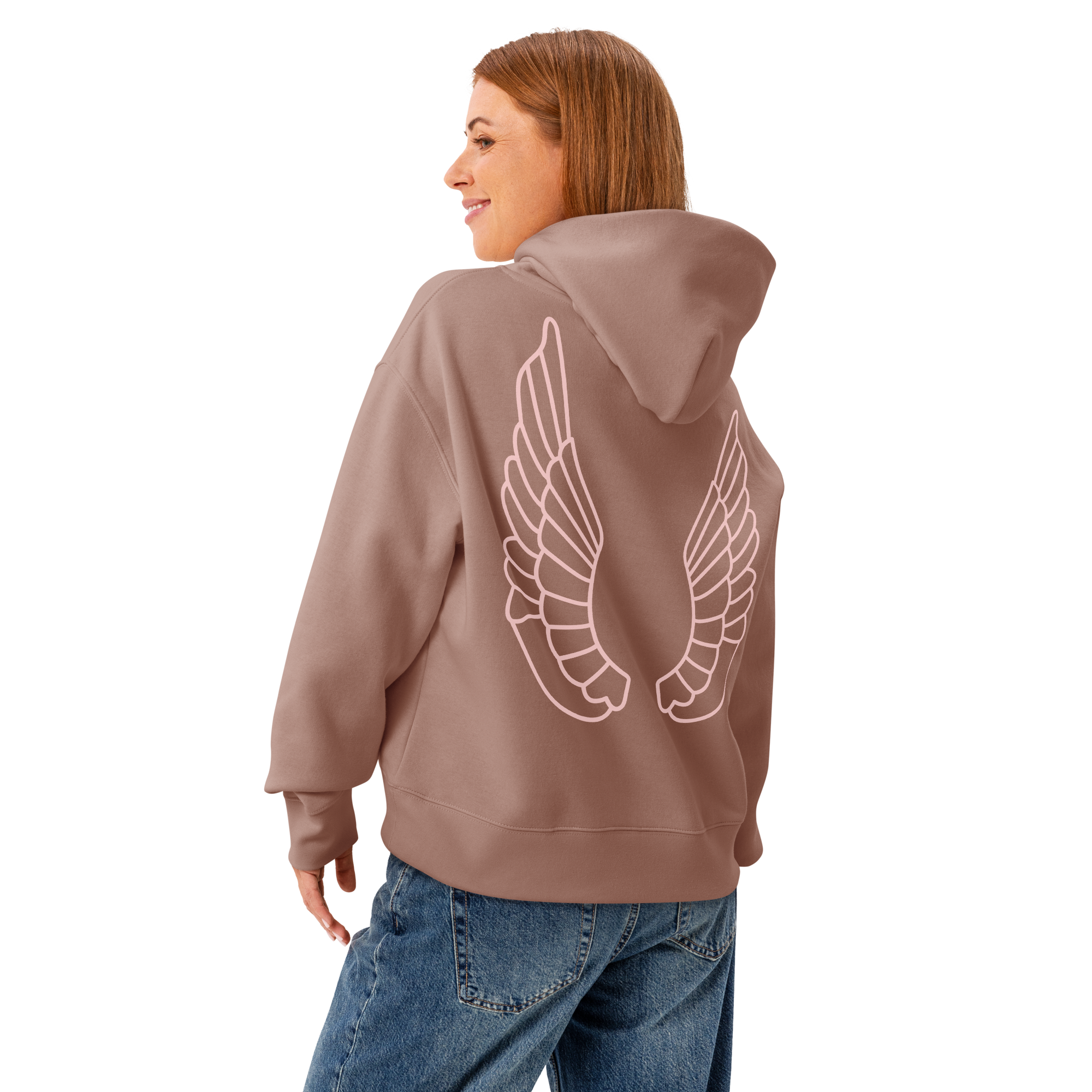 Grab Life Company hoodie with But First You Must Leap on the front in pink and wings on the back of a Hazy Pink sweatshirt. Image shows the back.