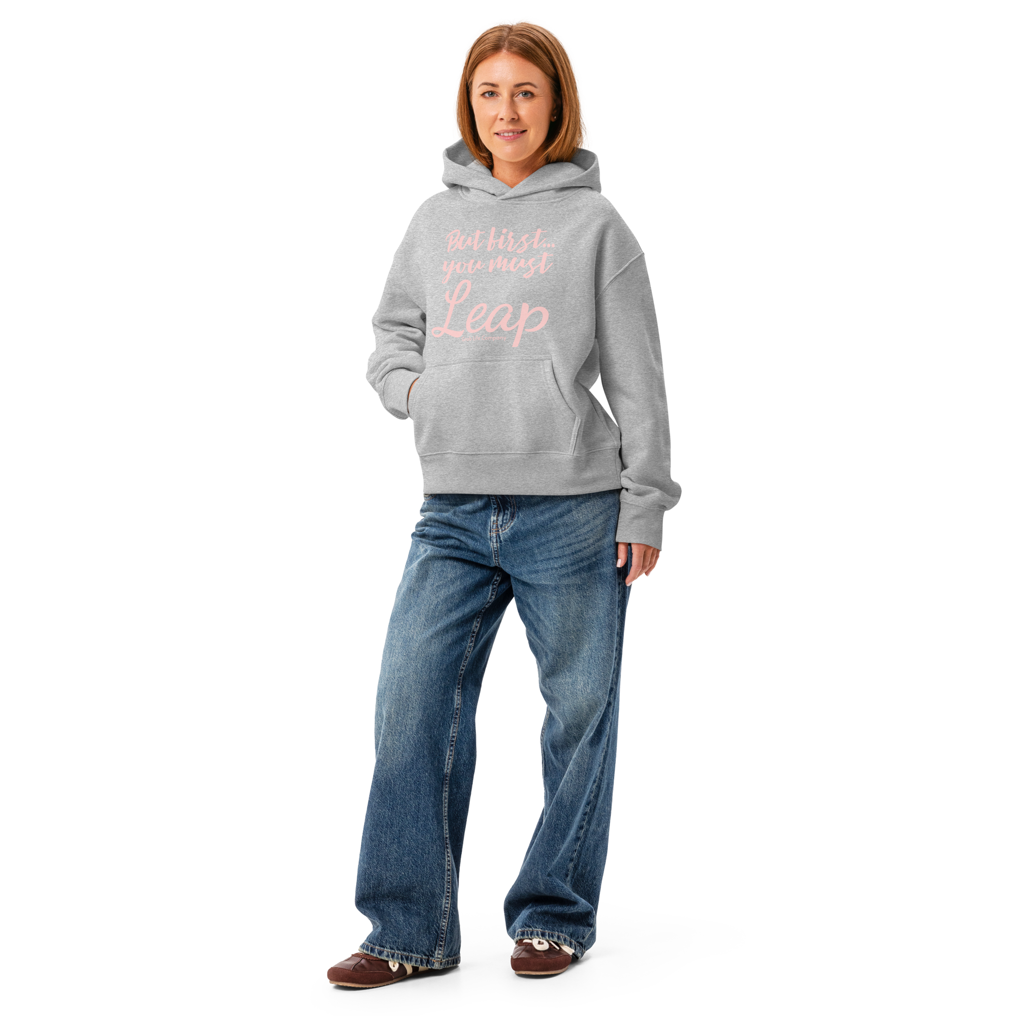 Grab Life Company hoodie with But First You Must Leap on the front in pink and wings on the back of a heather grey sweatshirt.