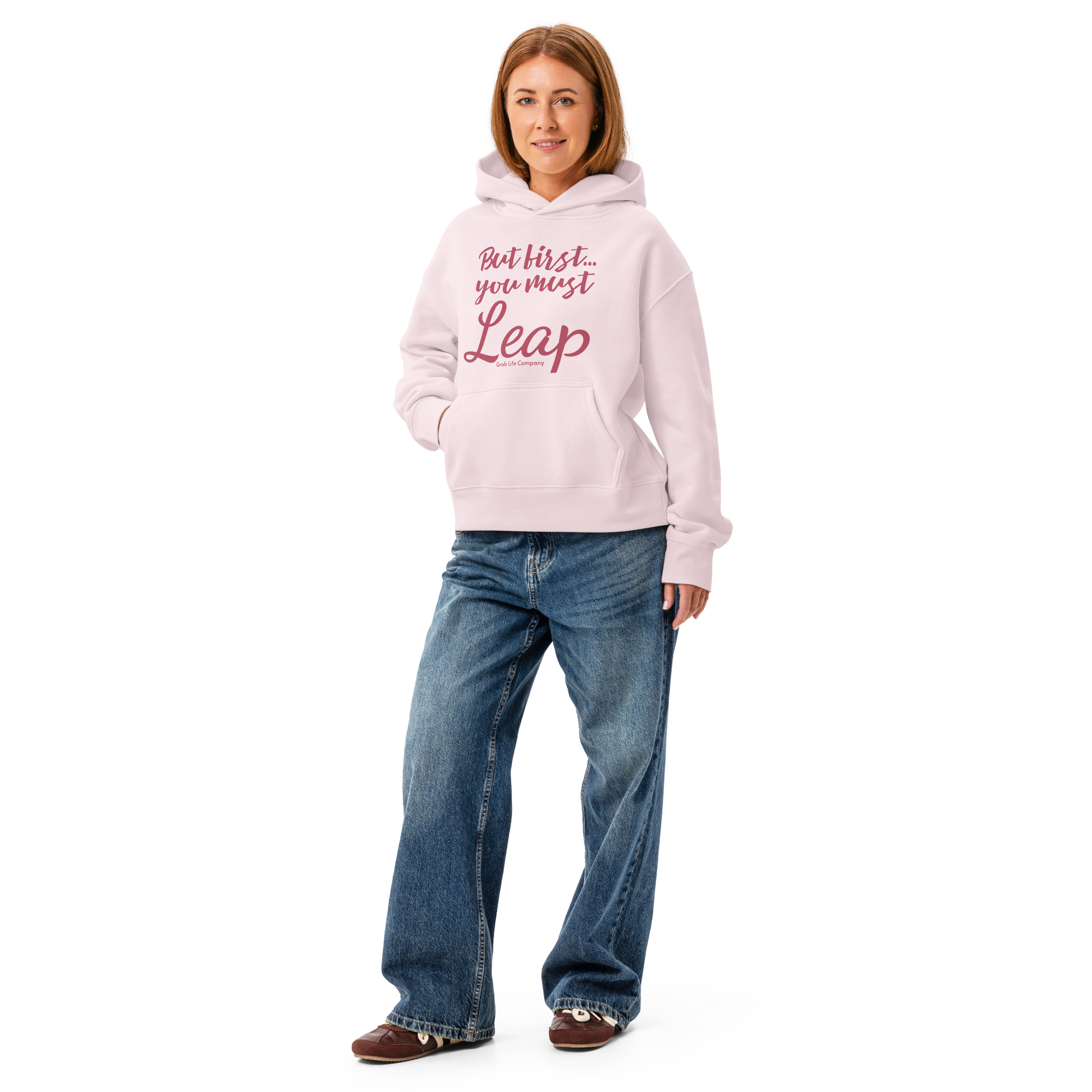 Grab Life Company hoodie with But First You Must Leap on the front in pink and wings on the back of Orchid Pink sweatshirt.