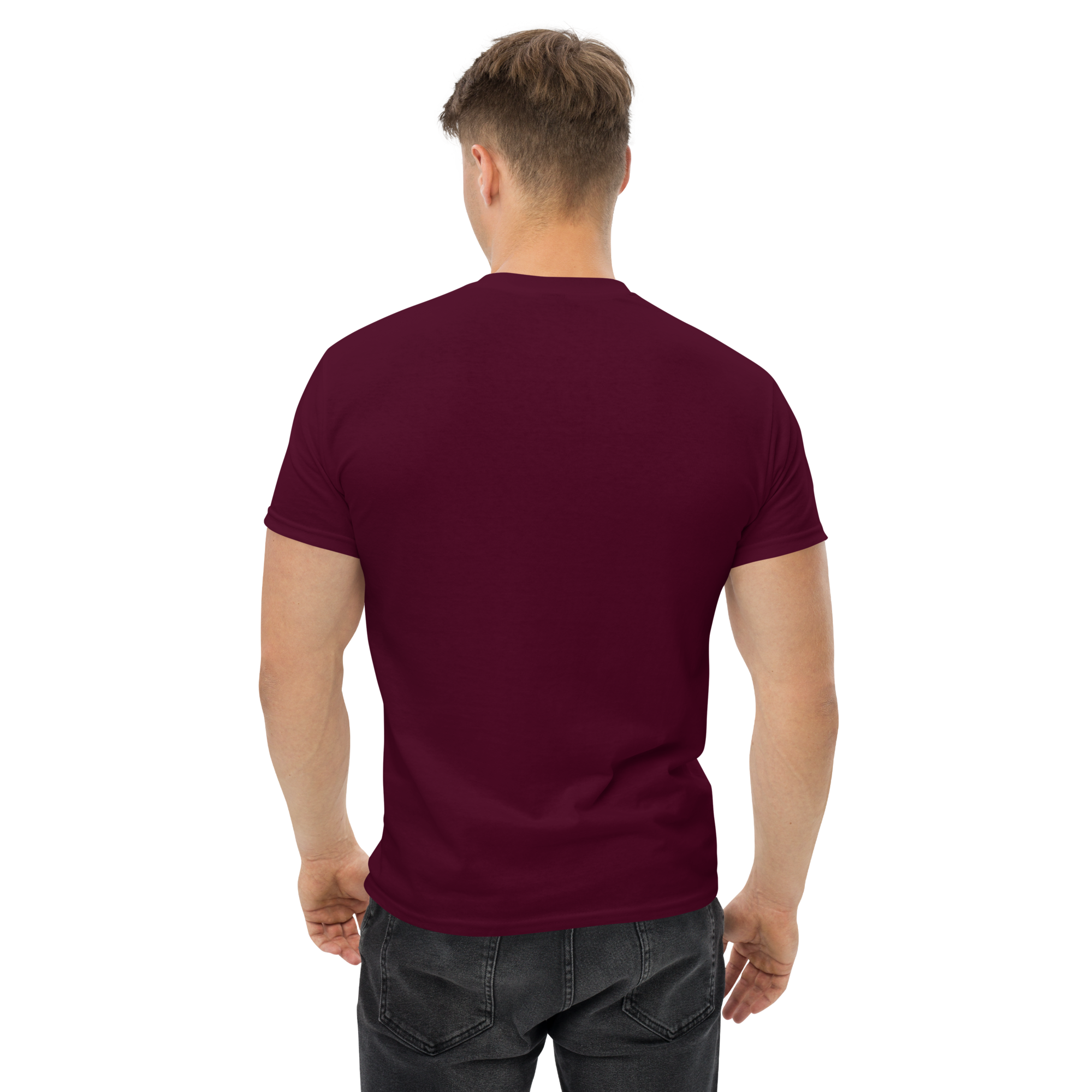 Grab Life Company t-shirt with But First You Must LEAP printed in white on front of maroon shirt. Image shows the back of a man wearing the maroon shirt.