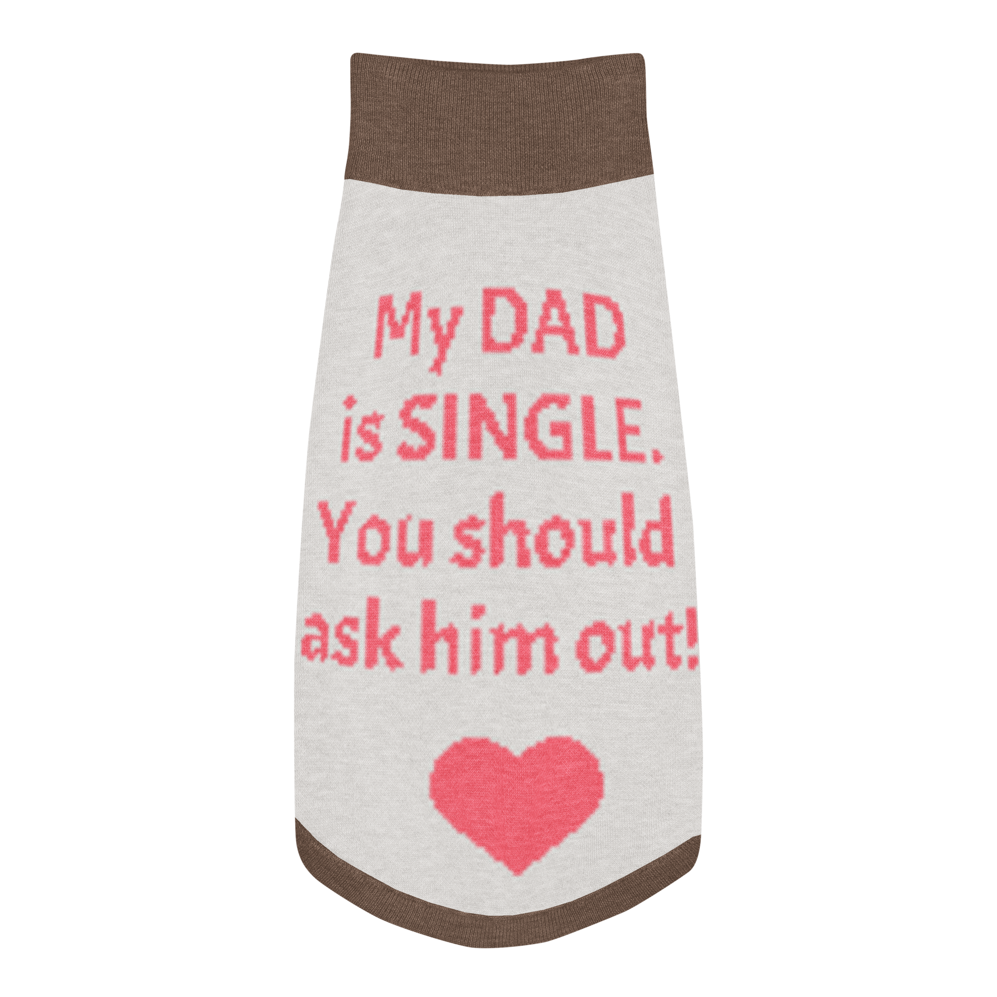 Grab Life Company knitted pet sweater in tan with brown trim and words that say My Dad is single. You should ask him out. written on the back in pink. Image shows the pet sweater from the back.