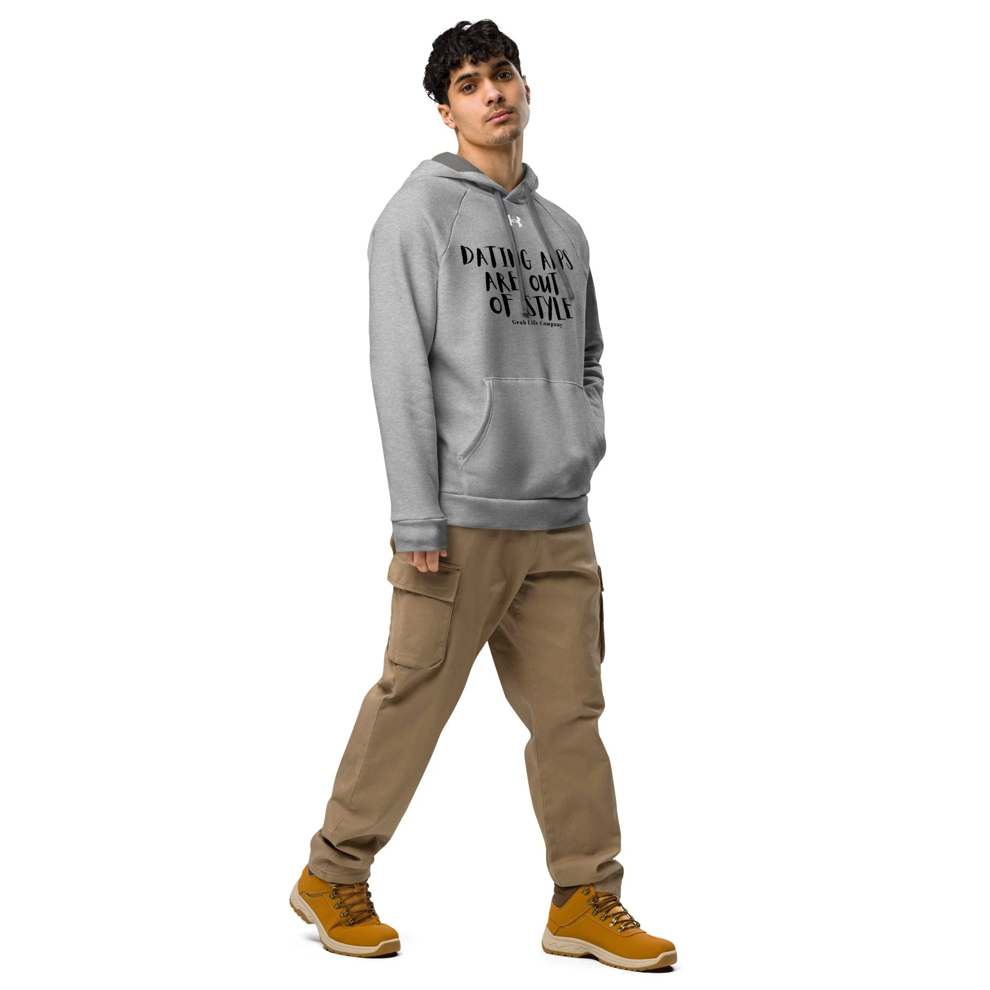 Grab Life Company hoodie with Dating Apps are out of Style written in black on a grey Under Armour sweatshirt. Image shows a man wearing the shirt.