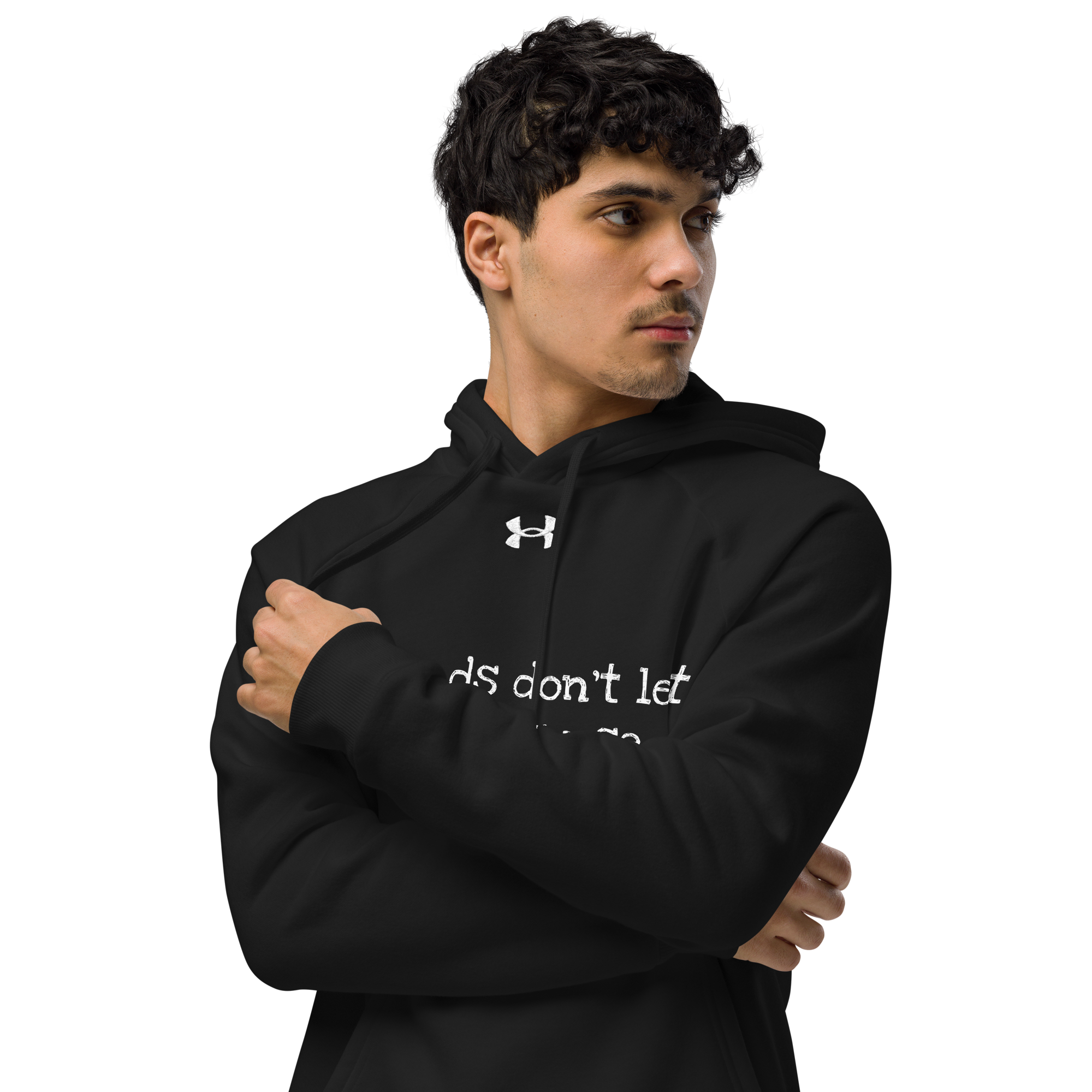 Grab Life Company hoodie with Friends don't let Friends use Dating Apps printed in white on the front of black Under Armour sweatshirt.