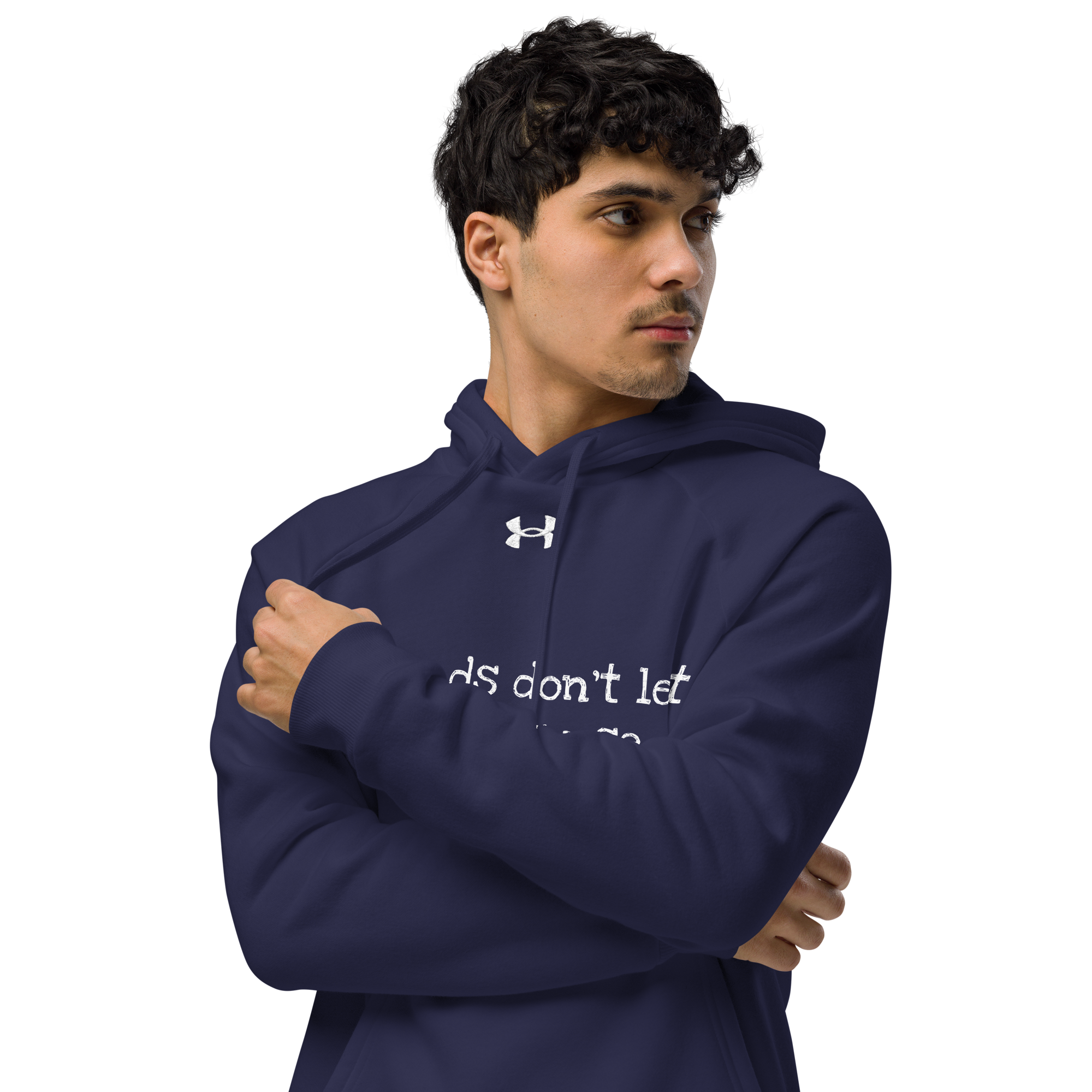 Grab Life Company hoodie with Friends don't let Friends use Dating Apps printed in white on the front of navy blue Under Armour sweatshirt.