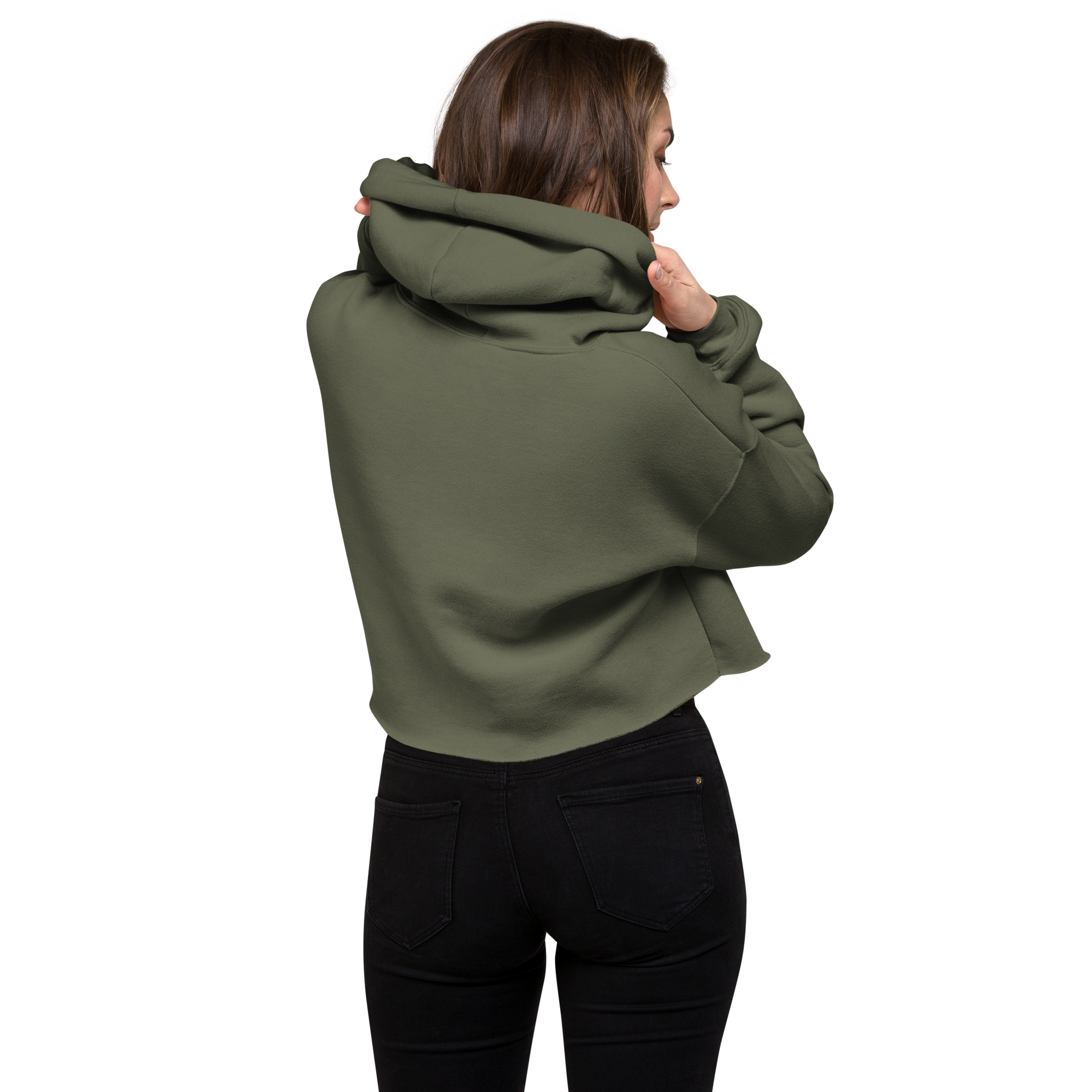 Grab Life Company cropped hoodie with Friends don't let Friends use Dating Apps printed on the front in blue on military green sweatshirt. Image shows the back.