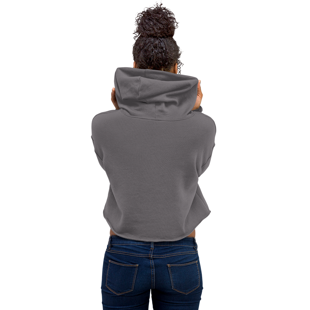 Grab Life Company cropped hoodie with Friends don't let Friends use Dating Apps printed on the front in bright pink on storm grey sweatshirt. Image shows the back.