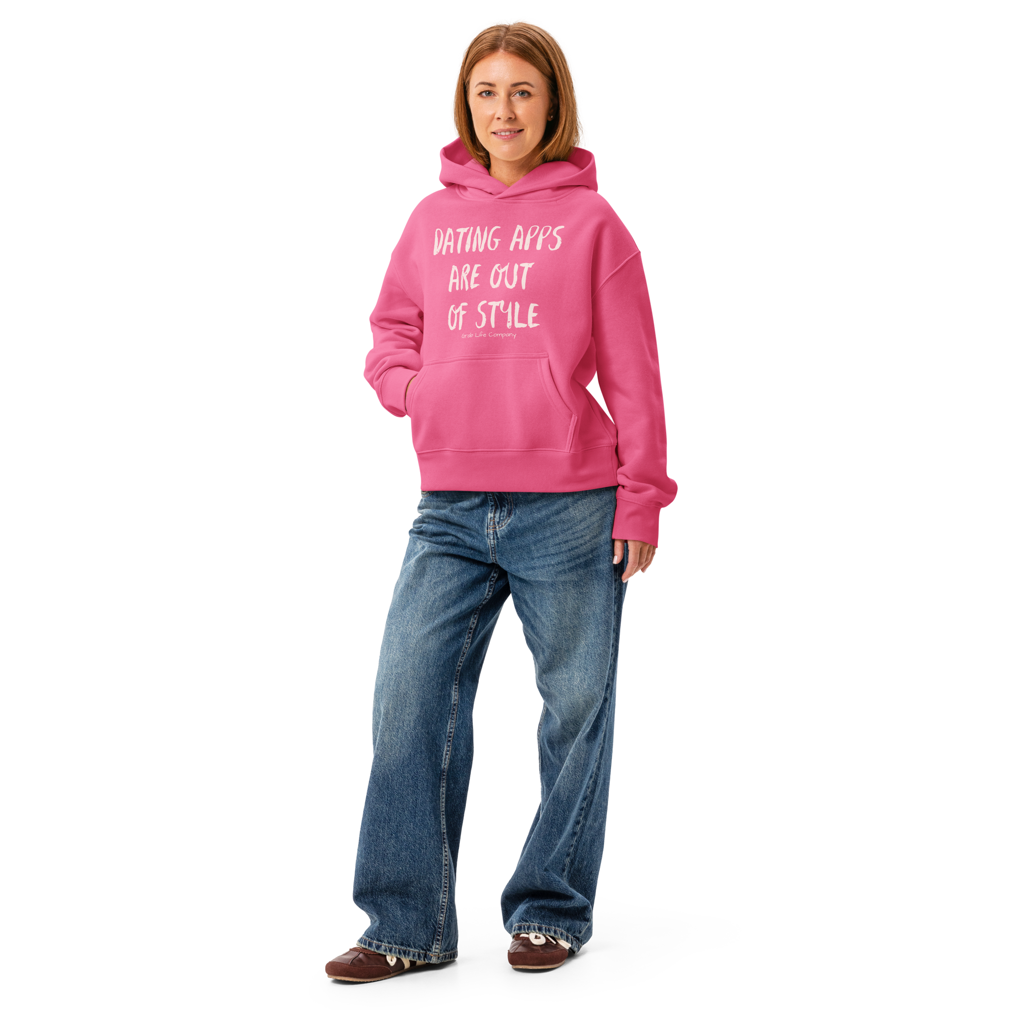 Grab Life Company hoodie with Dating Apps are out of Style written in light pink on Charity Pink sweatshirt.