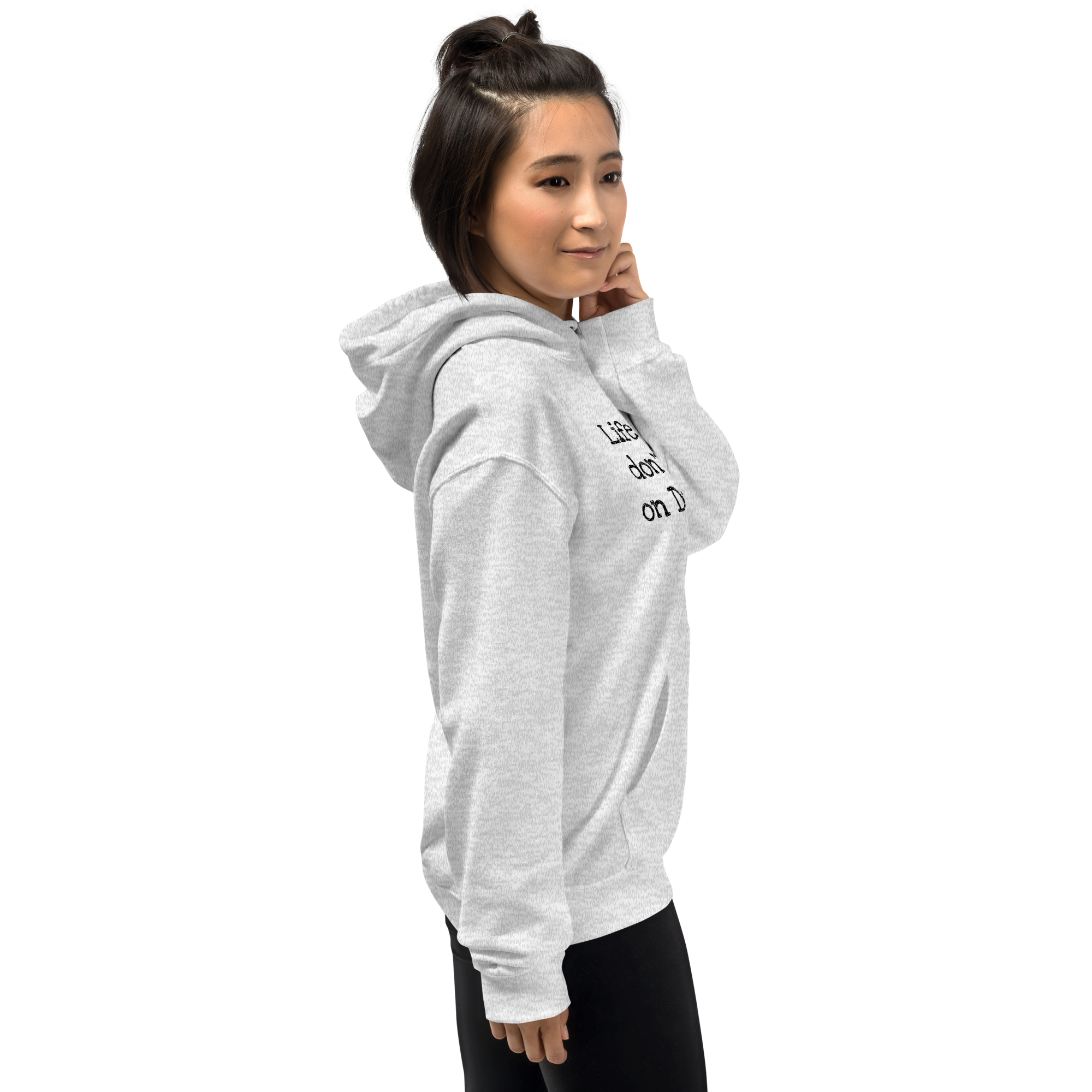 Grab Life Company unisex sweatshirt with Life is Short Don't Waste it on Dating Apps printed in black on ash grey hoodie. Image shows woman wearing the sweatshirt.