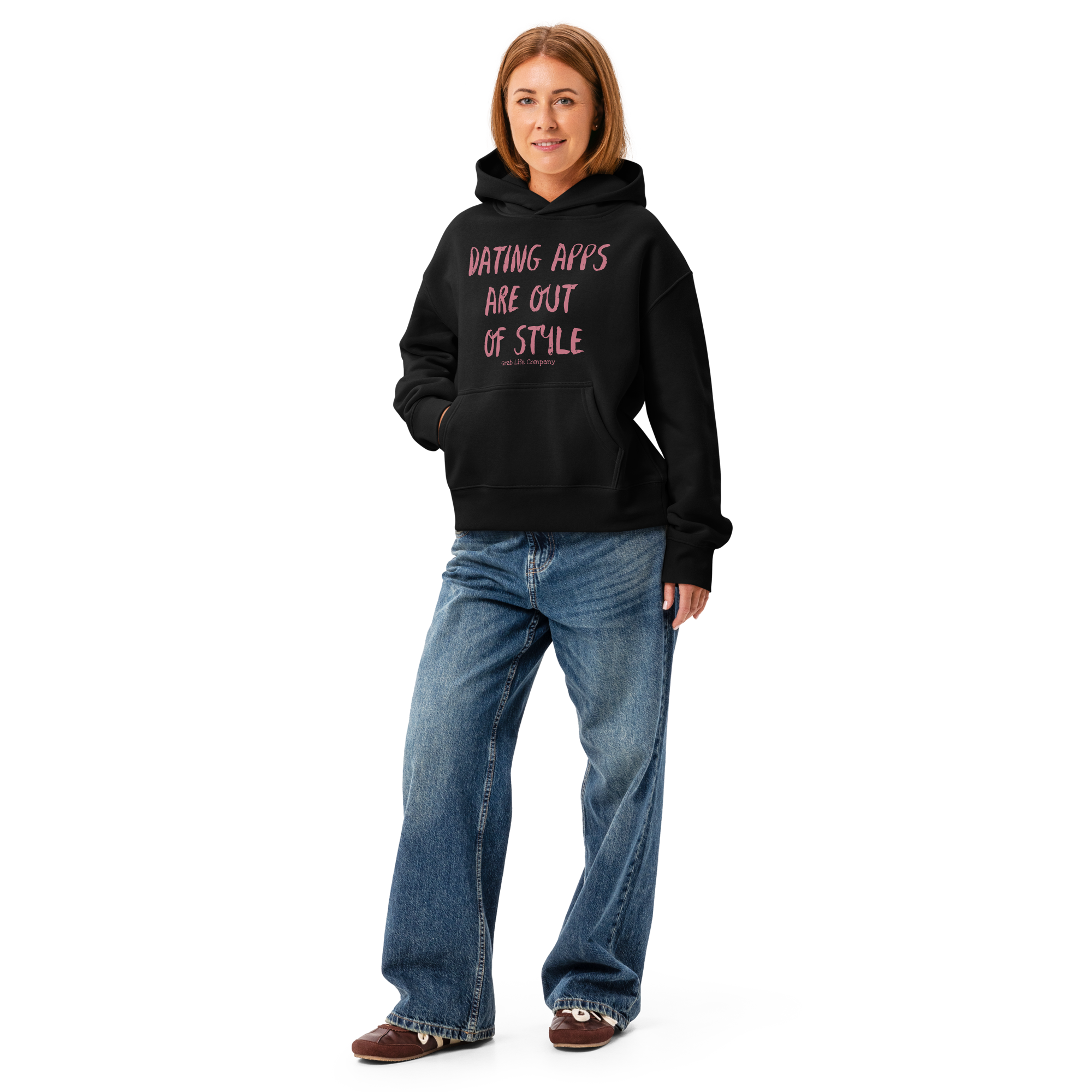Grab Life Company women's relaxed hoodie with Dating Apps are out Style printed in Hippie Pink on black sweatshirt. Image shows sweatshirt.