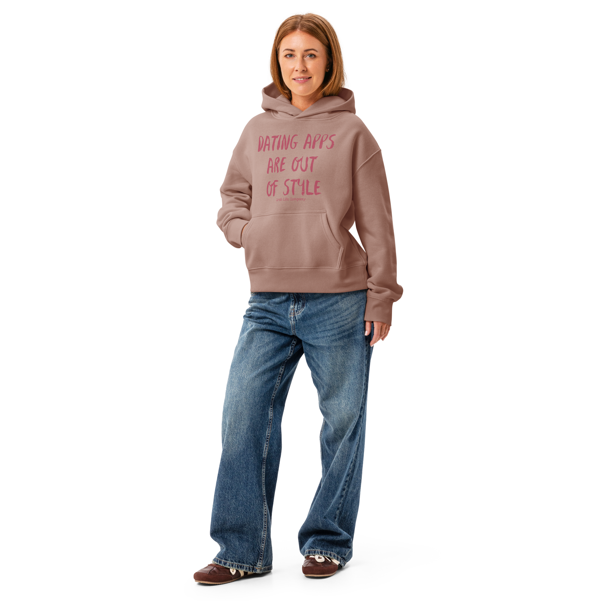 Grab Life Company women's relaxed hoodie with Dating Apps are out Style printed in Hippie Pink on hazy pink sweatshirt. Image shows sweatshirt.