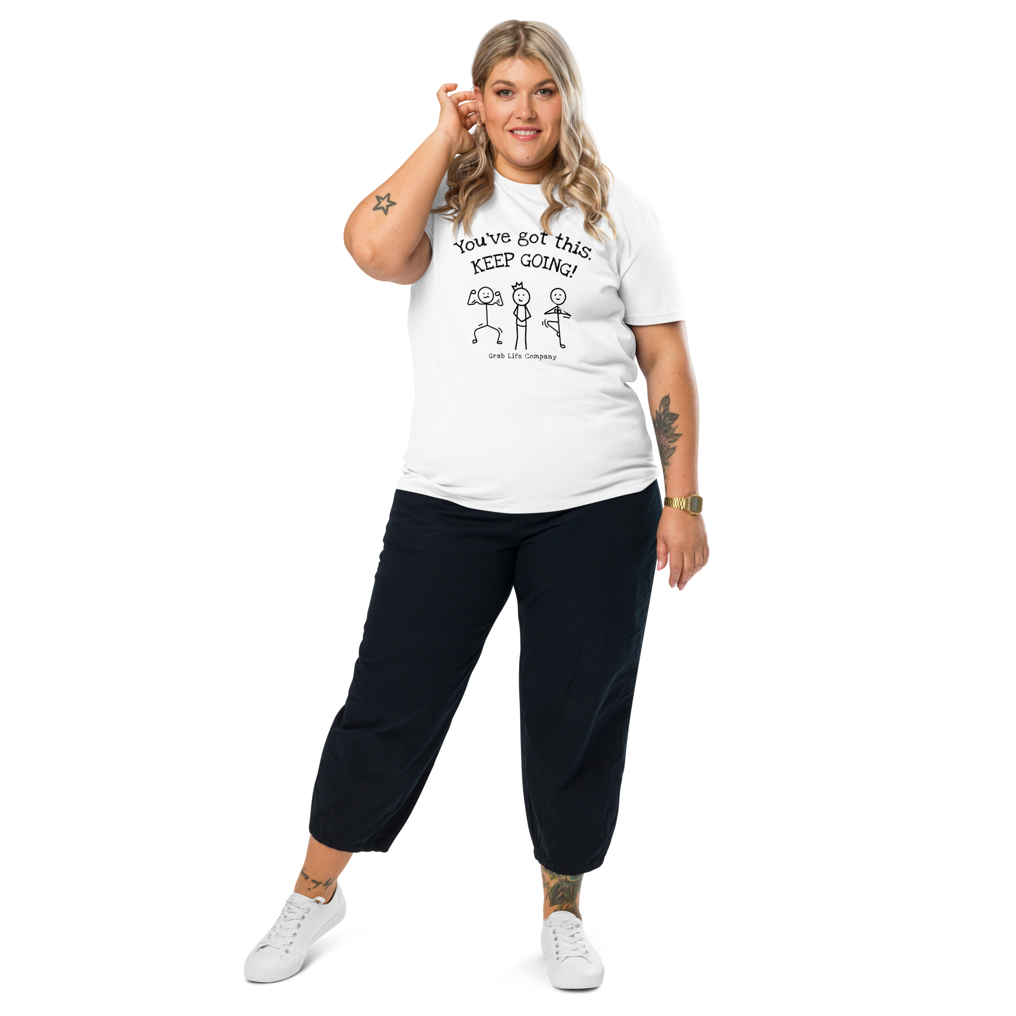Grab Life Company shirt with You've Got This Keep Going printed in black on the front of white t-shirt. Image shows woman wearing shirt.