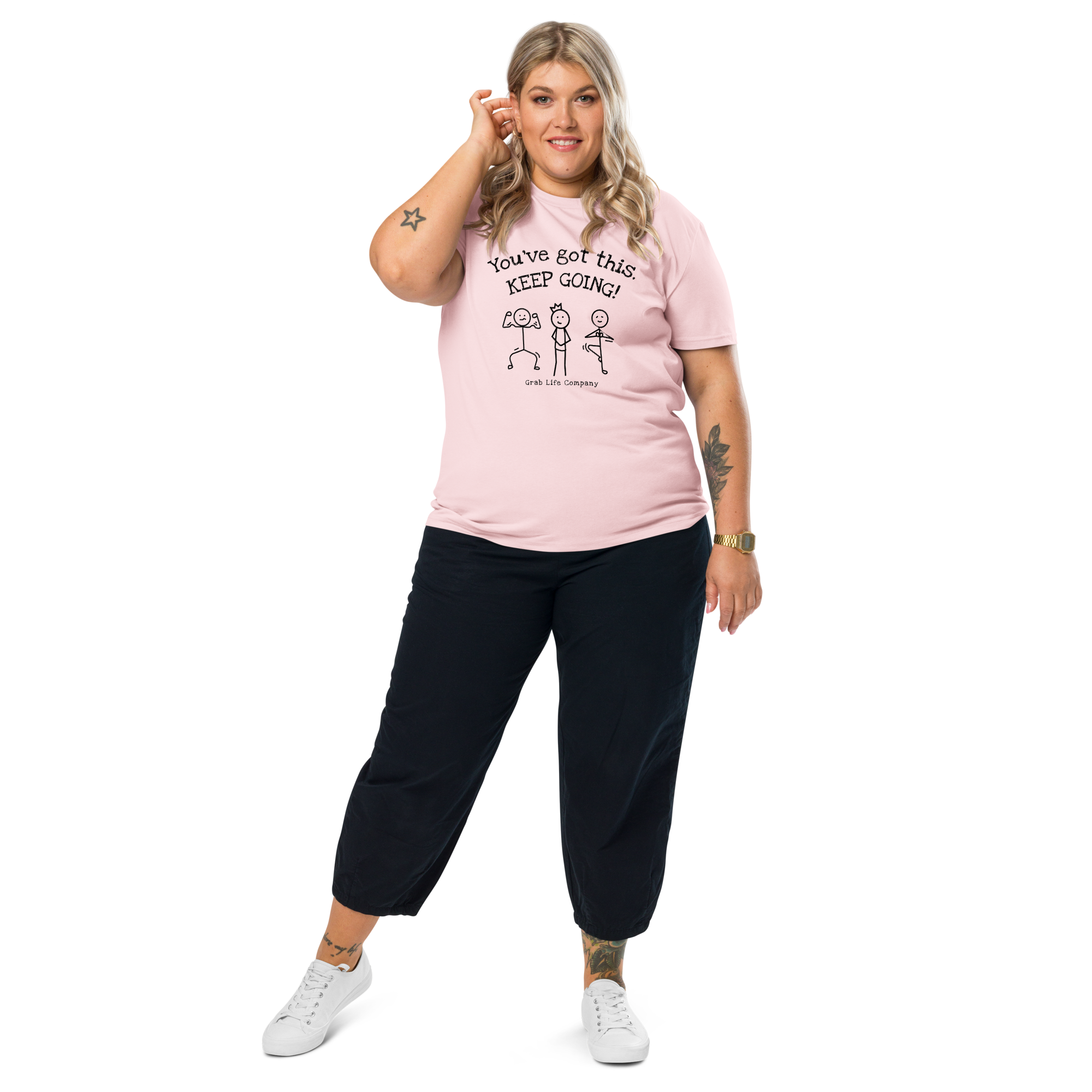 Grab Life Company shirt with You've Got This Keep Going printed in black on the front of cotton pink t-shirt. Image shows woman wearing t-shirt.