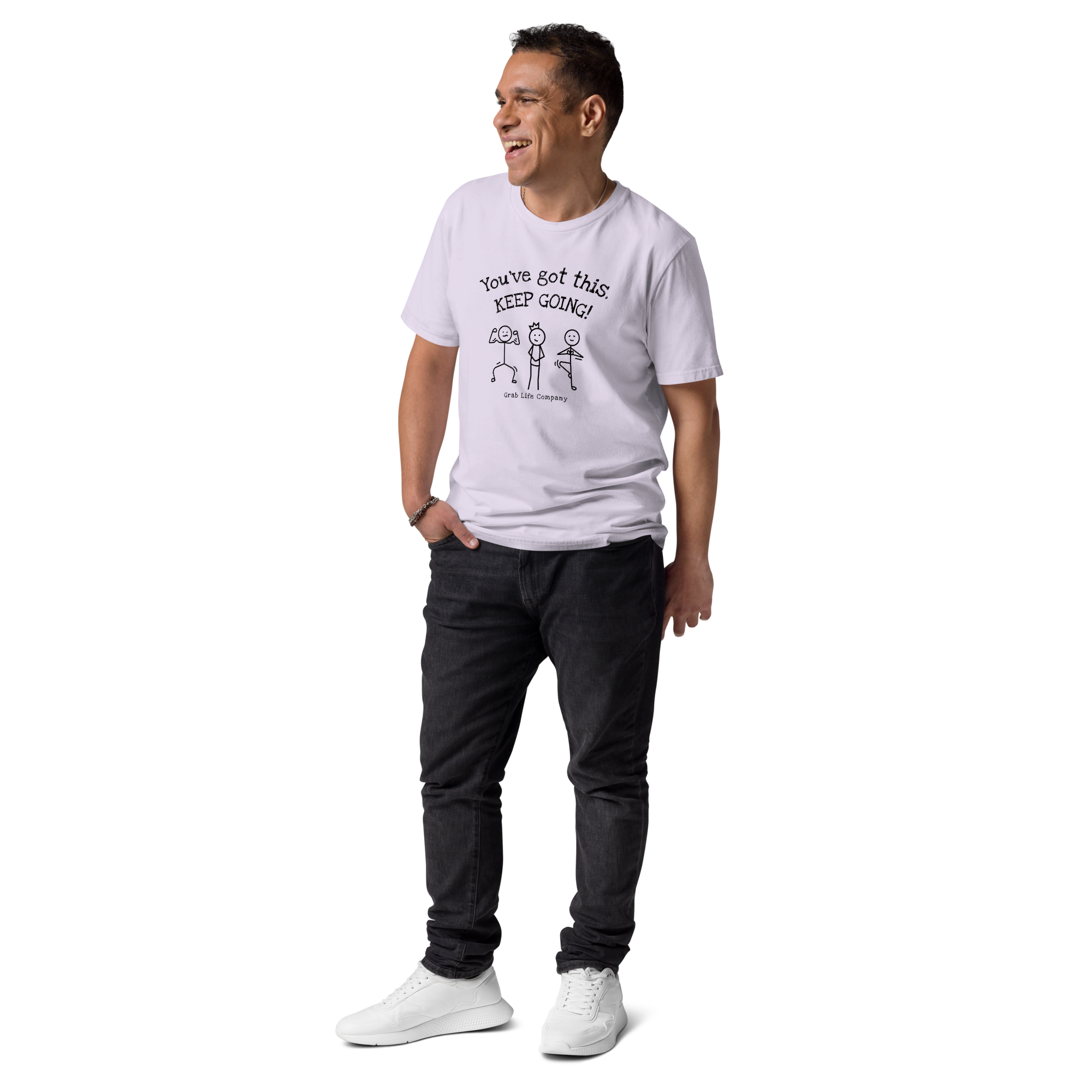 Grab Life Company shirt with You've Got This Keep Going printed in black on the front of lavender purple t-shirt. Image shows man wearing shirt.