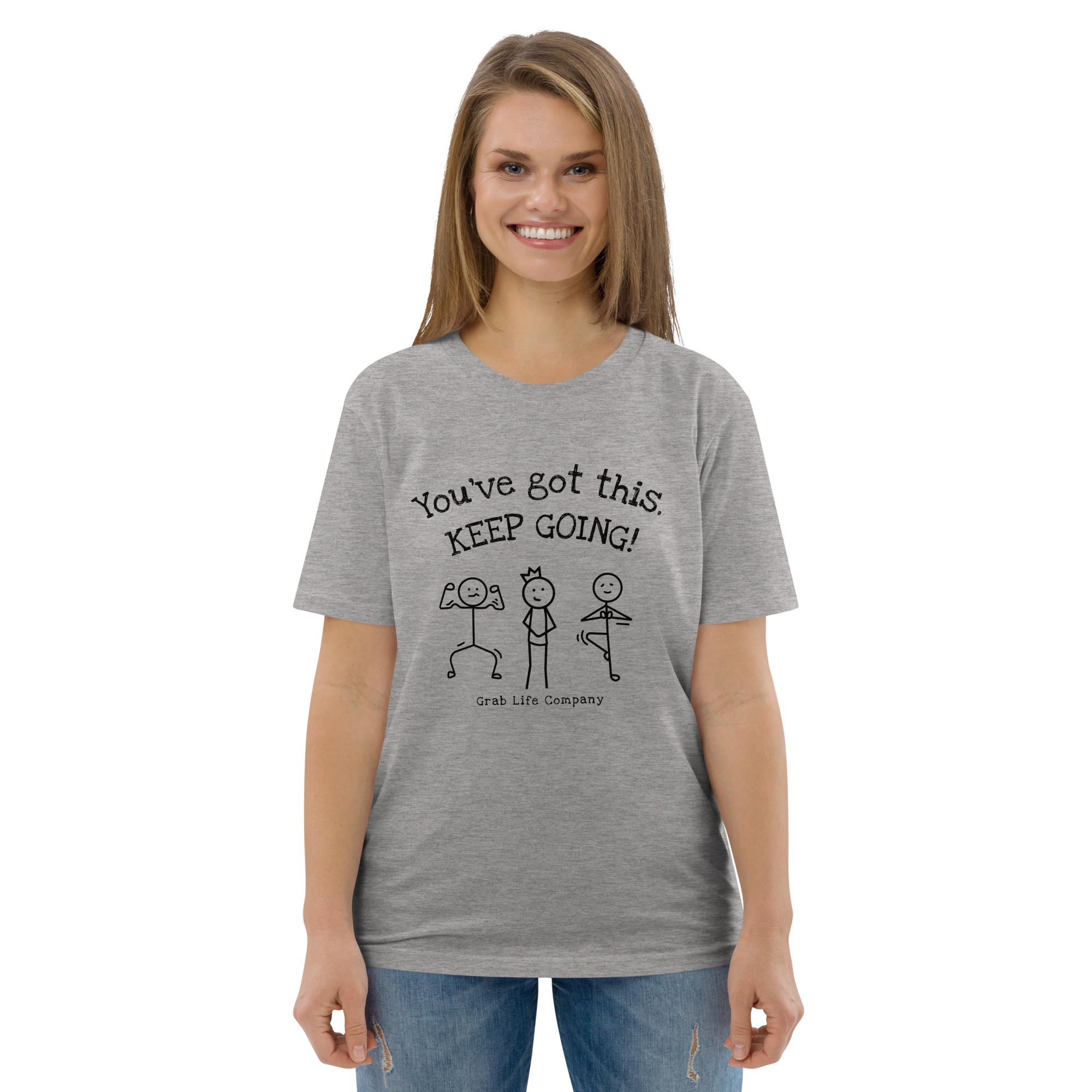 Grab Life Company shirt with You've Got This Keep Going printed in black on the front of heather grey t-shirt. Image shows woman wearing t-shirt.