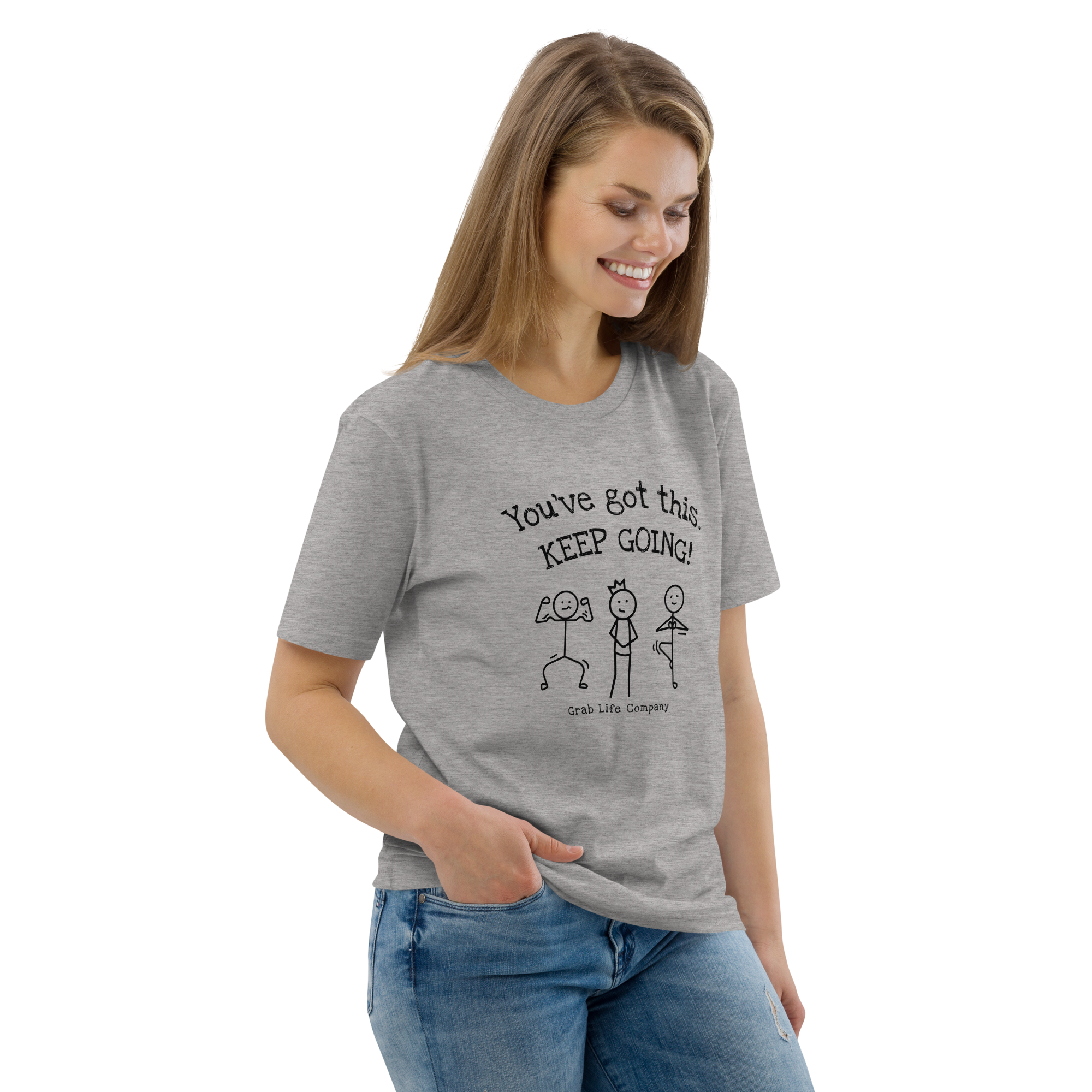 Grab Life Company shirt with You've Got This Keep Going printed in black on the front of heather grey t-shirt. Image shows woman wearing t-shirt.