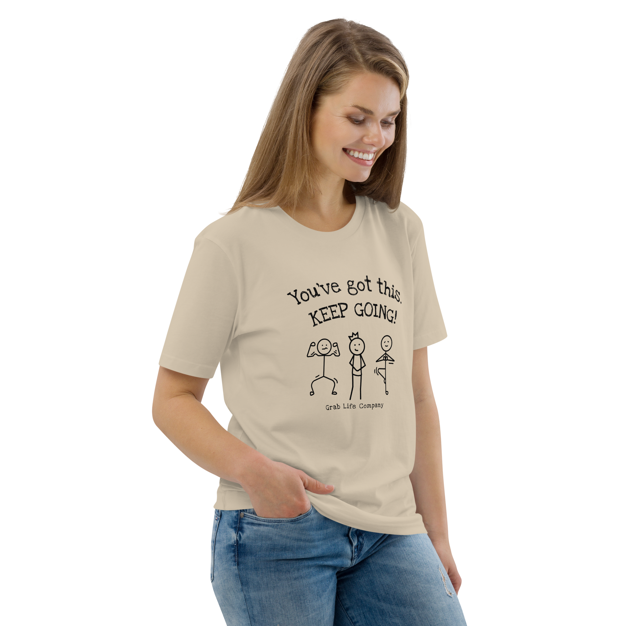 Grab Life Company shirt with You've Got This Keep Going printed in black on the front of desert dust t-shirt. Image shows woman wearing t-shirt.