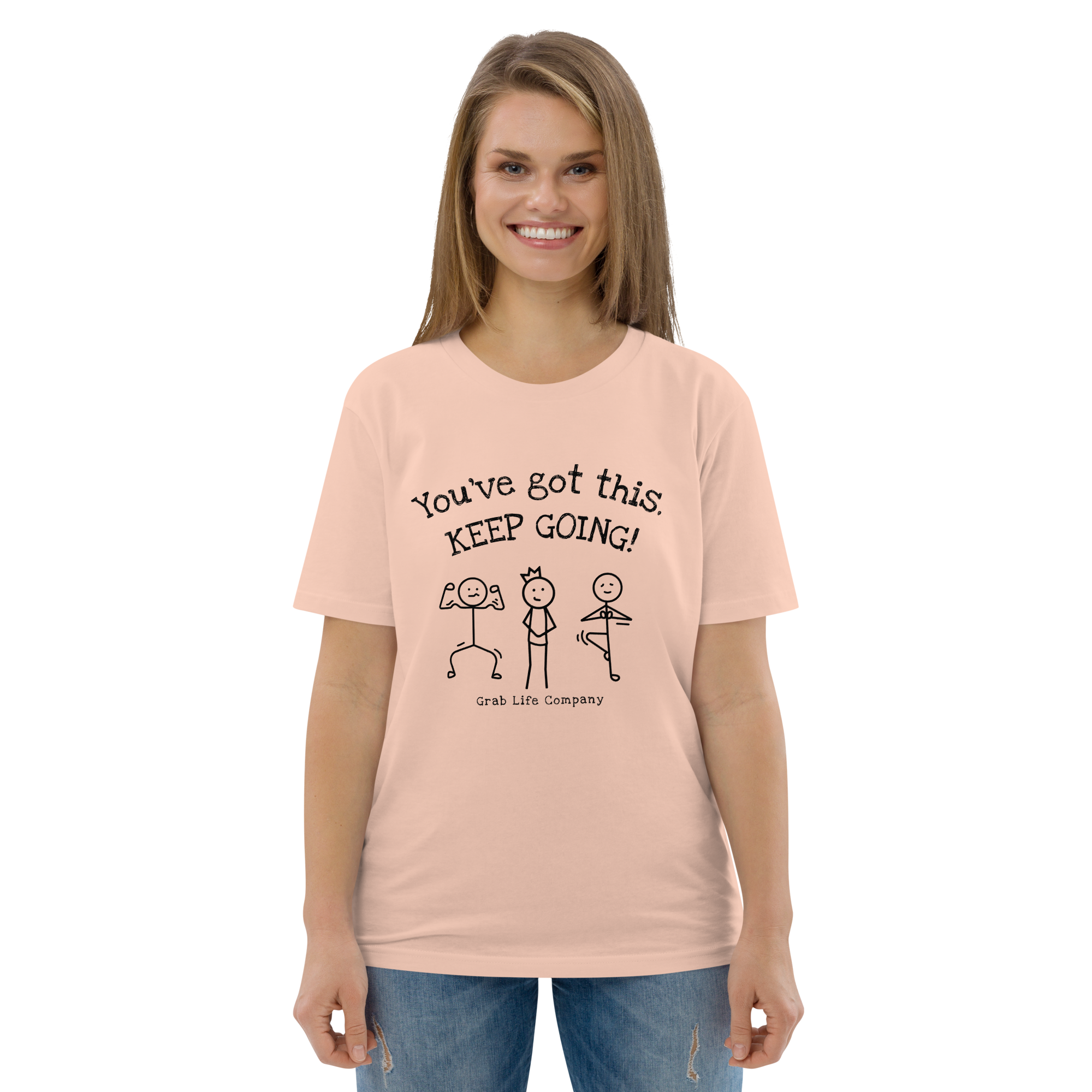 Grab Life Company shirt with You've Got This Keep Going printed in black on the front of fraiche peche peach t-shirt. Image shows woman wearing t-shirt.