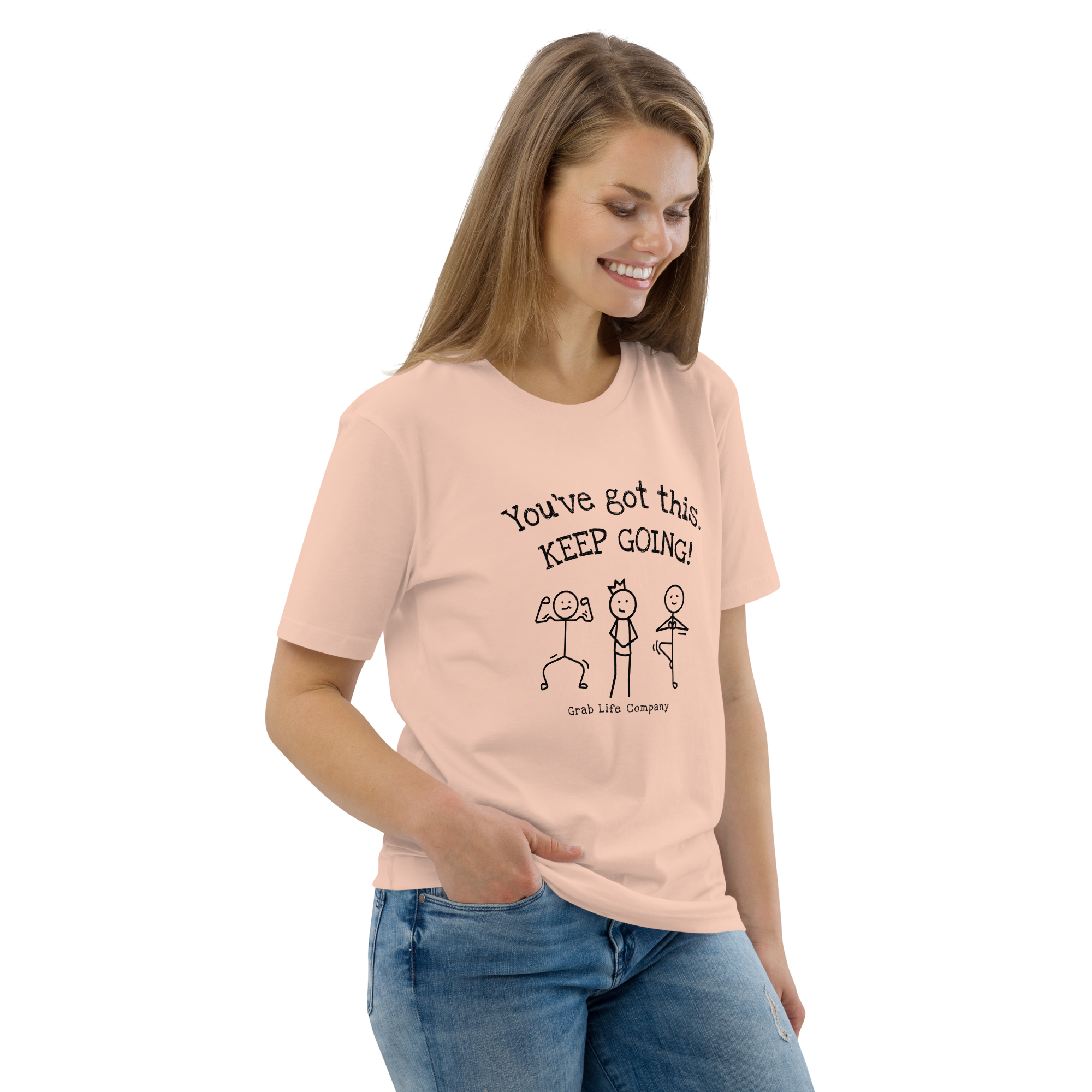 Grab Life Company shirt with You've Got This Keep Going printed in black on the front of fraiche peche peach t-shirt. Image shows woman wearing t-shirt.