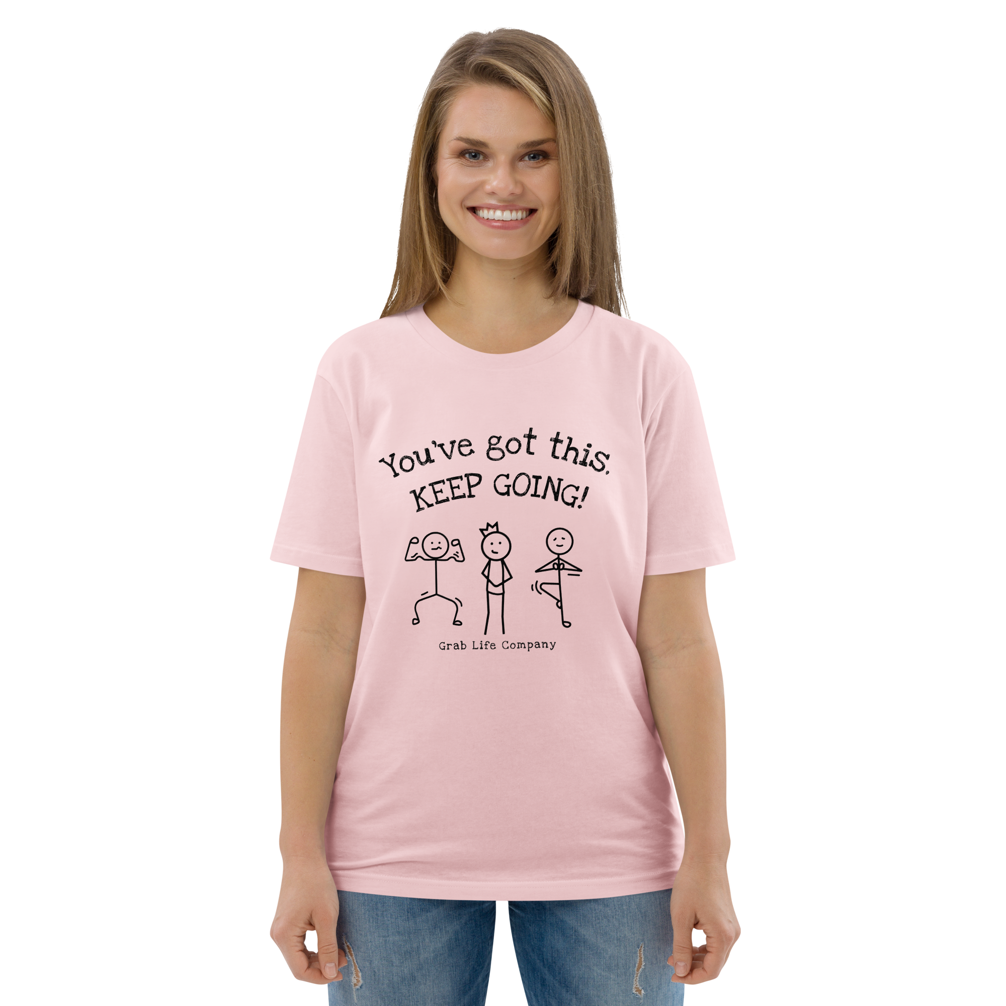 Grab Life Company shirt with You've Got This Keep Going printed in black on the front of cotton pink t-shirt. Image shows woman wearing shirt.