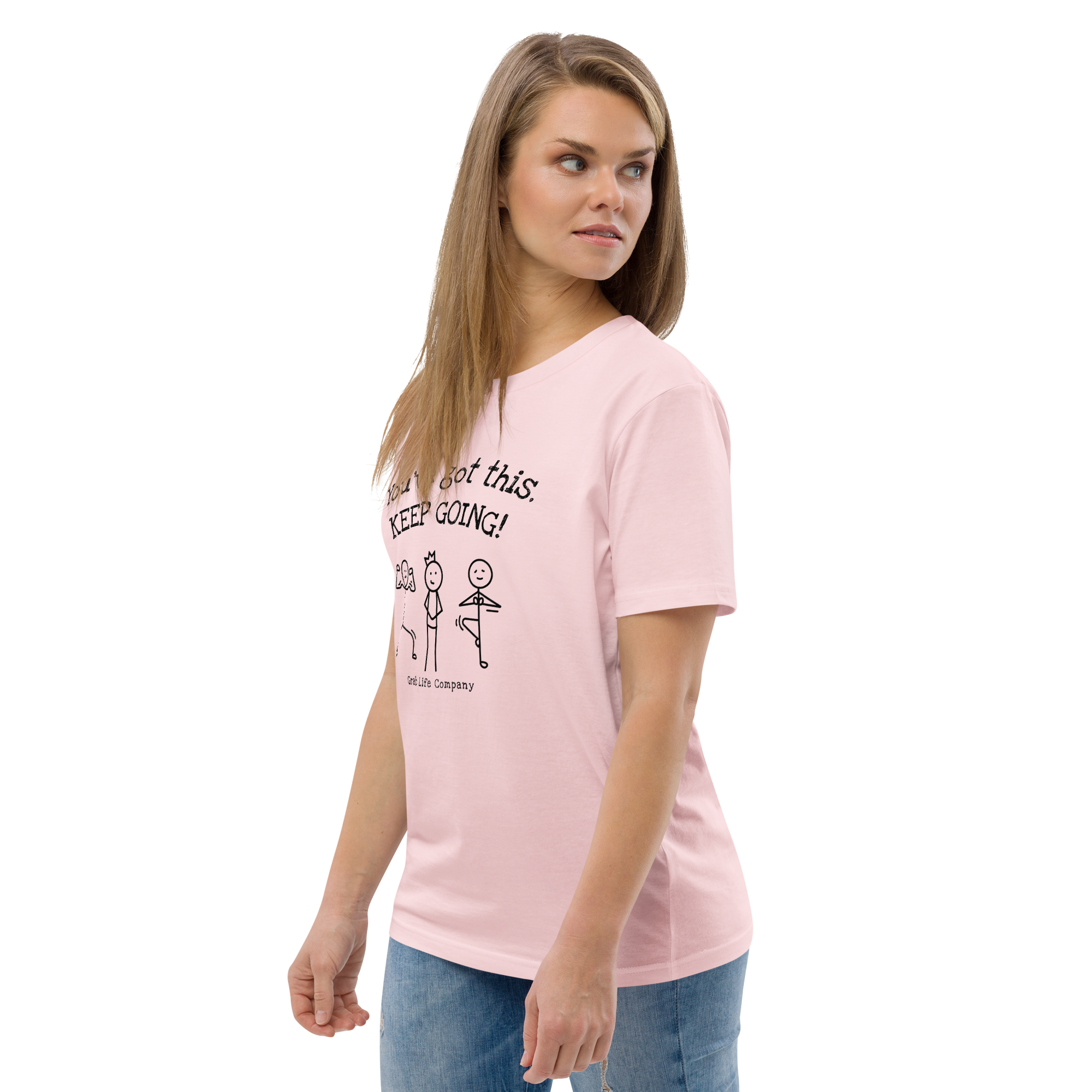 Grab Life Company shirt with You've Got This Keep Going printed in black on the front of cotton pink t-shirt. Image shows woman wearing t-shirt.