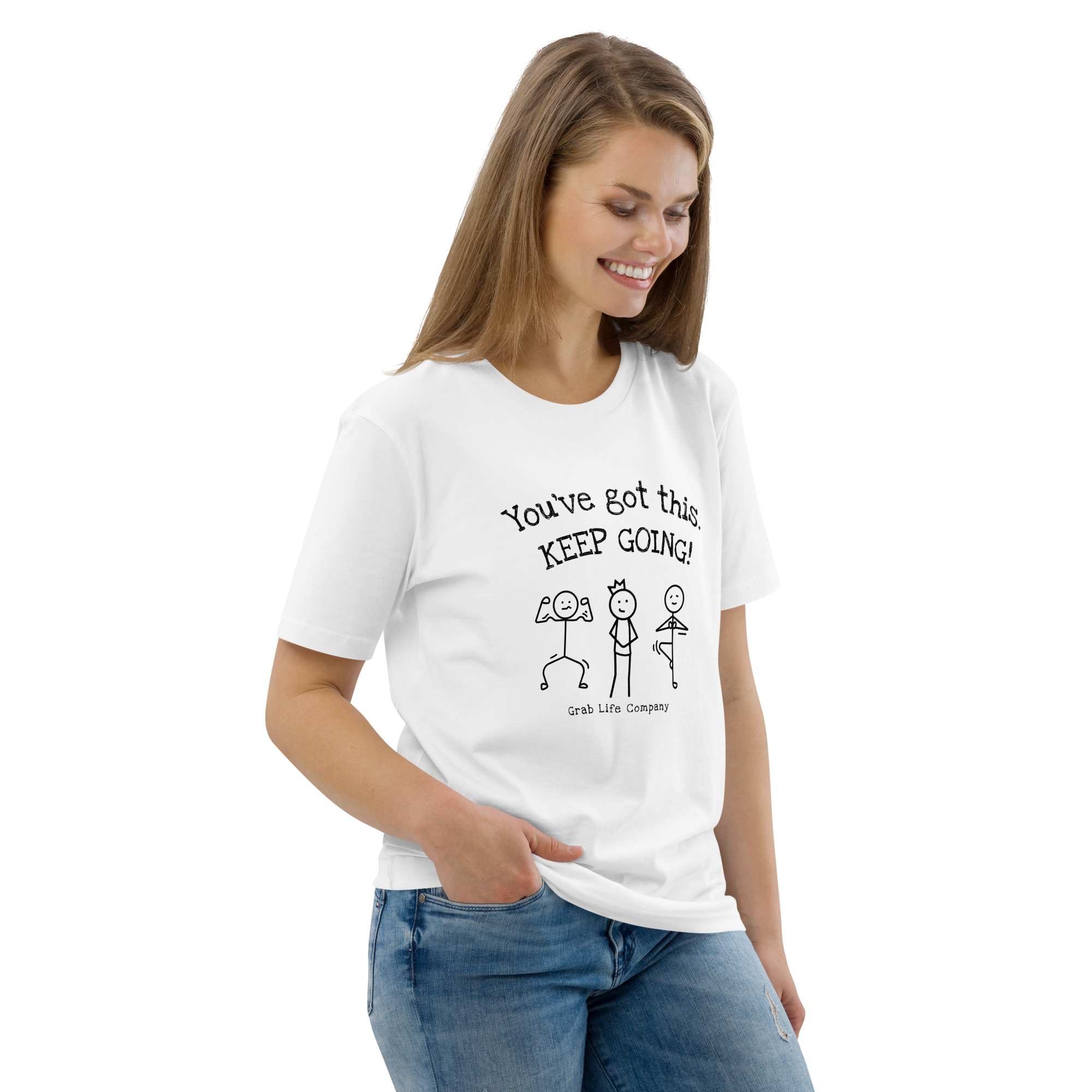 Grab Life Company shirt with You've Got This Keep Going printed in black on the front of white t-shirt. Image shows woman wearing shirt.