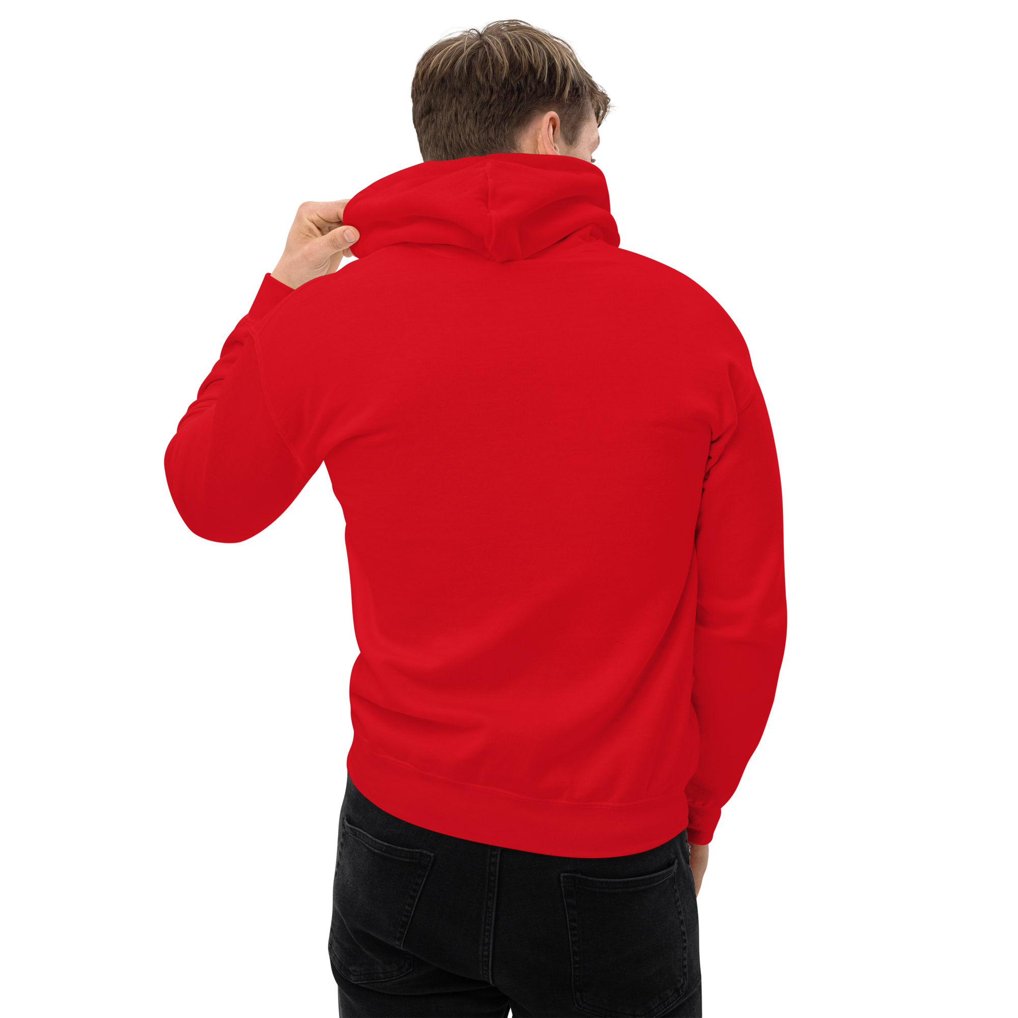 Grab Life Company unisex sweatshirt with Life is Short Don't Waste it on Dating Apps printed in white on red hoodie. Image shows back of sweatshirt.