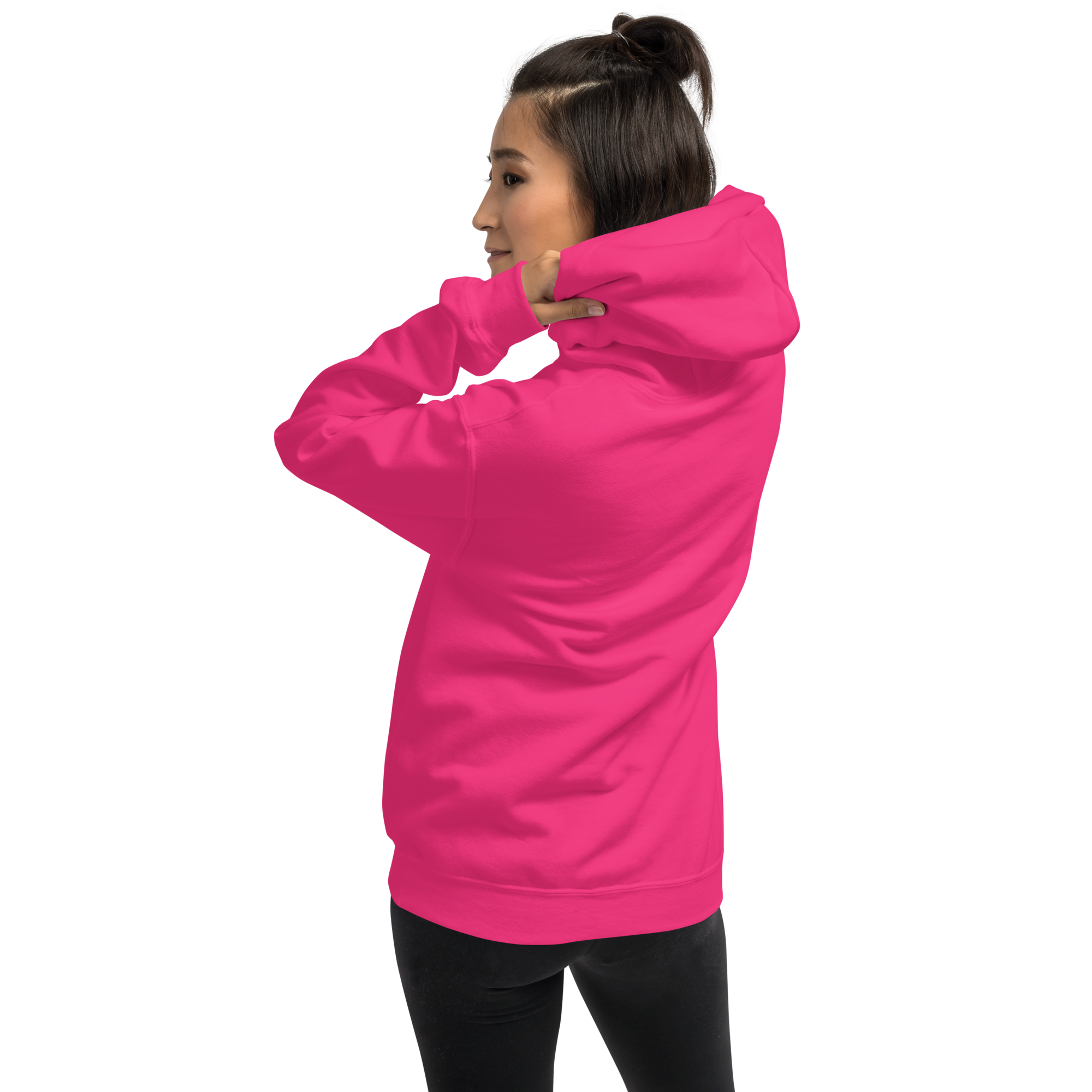 Grab Life Company unisex sweatshirt with Life is Short Don't Waste it on Dating Apps printed in white on heliconia pink hoodie. Image shows back of sweatshirt.