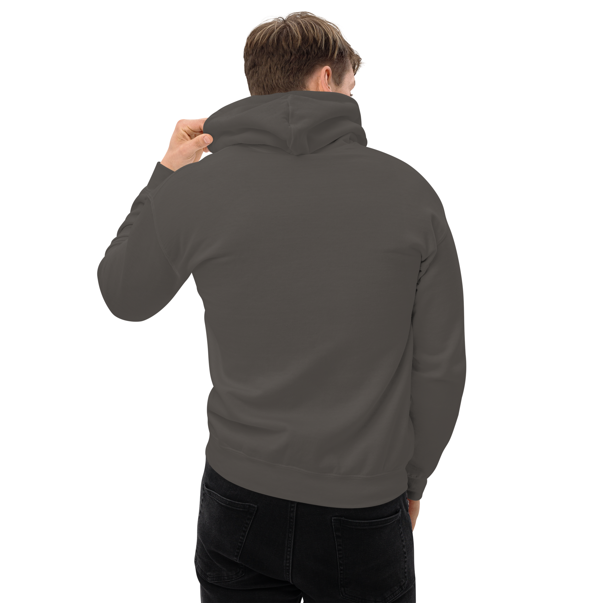 Grab Life Company unisex sweatshirt with Life is Short Don't Waste it on Dating Apps printed in white on charcoal hoodie. Image shows back of sweatshirt.