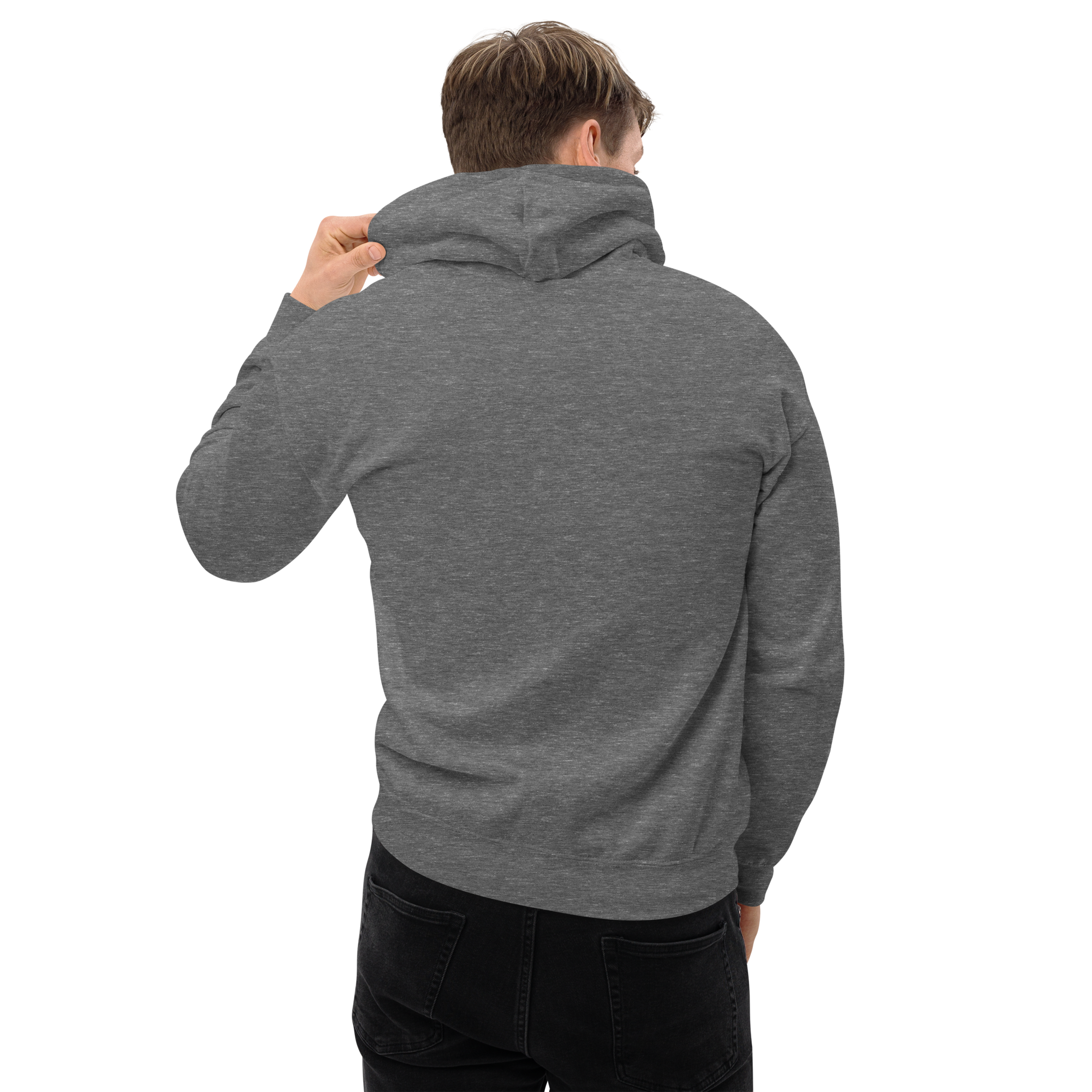 Grab Life Company unisex sweatshirt with Life is Short Don't Waste it on Dating Apps printed in white on graphite heather hoodie. Image shows back of sweatshirt.