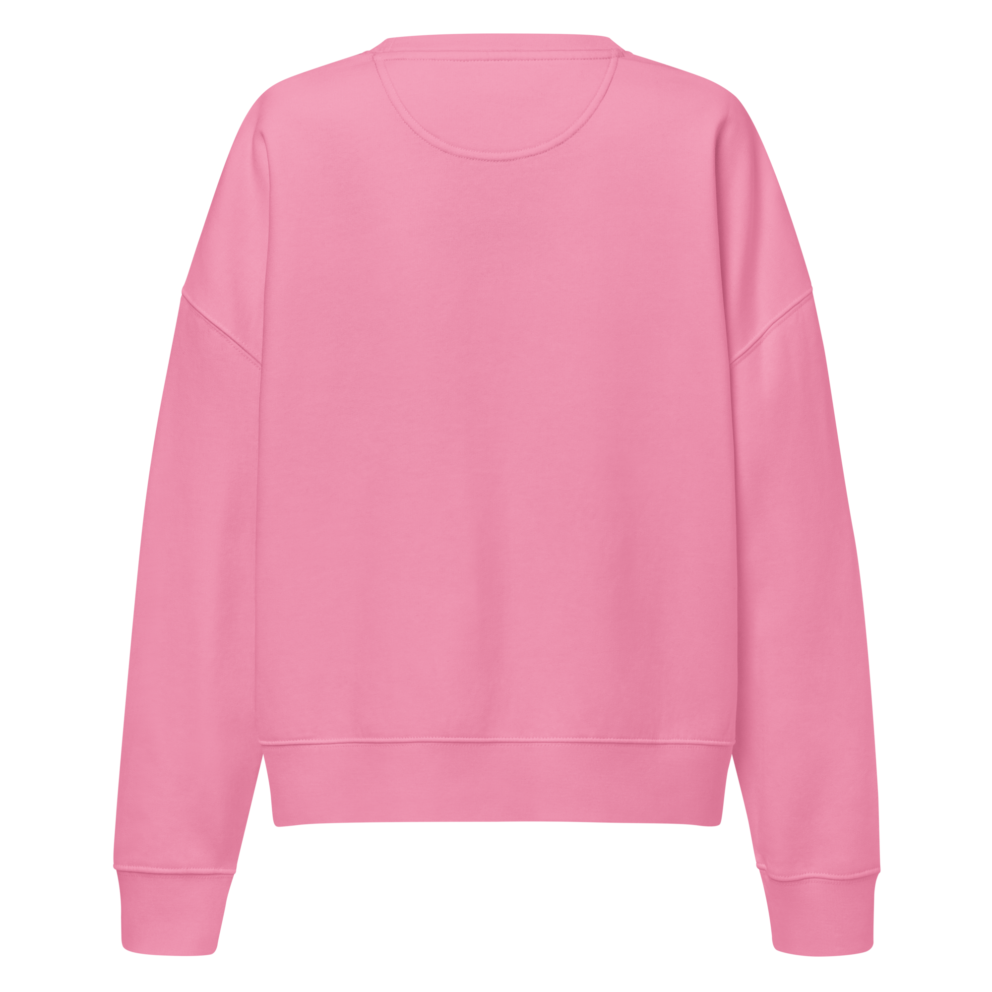 Grab Life Company women's crew neck sweatshirt with Queen Looking for a King printed in navy blue on a bubble pink sweatshirt. Image shows the back.