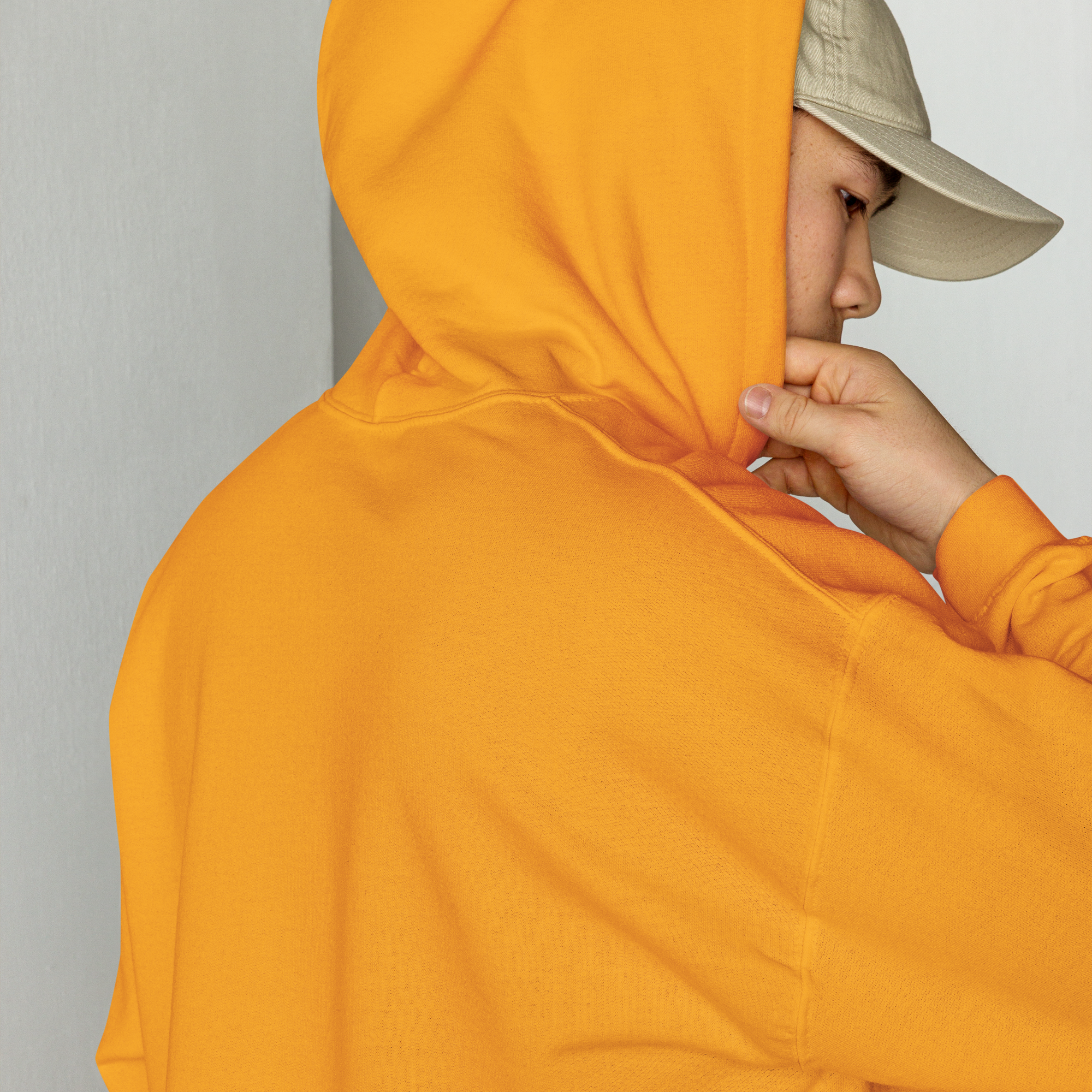 Grab Life Company unisex hoodie with King Looking for a Queen printed in navy blue on a Gold yellow sweatshirt. Image shows the back.