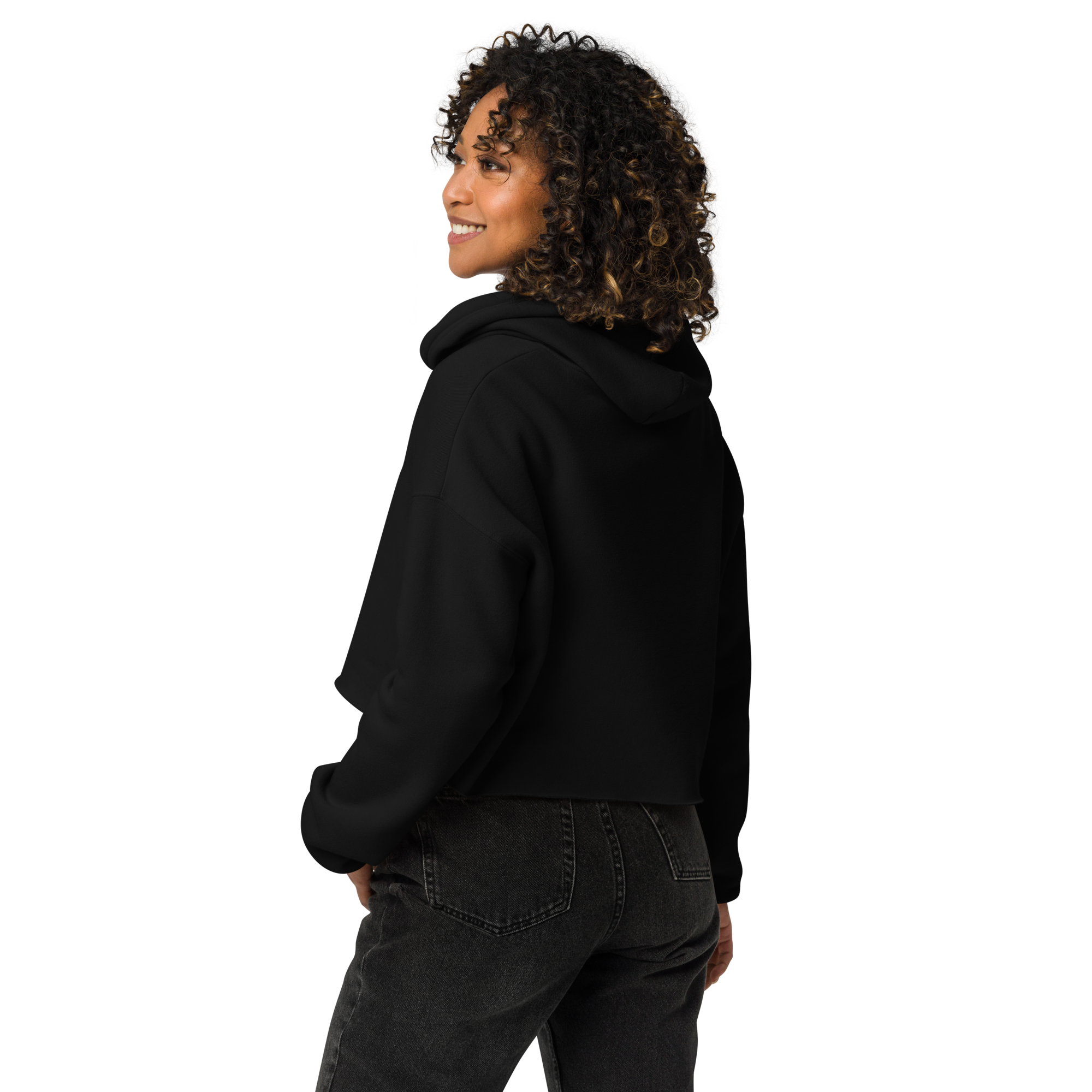 Grab Life Company cropped hoodie with Friends don't let Friends use Dating Apps printed on the front in pink on black sweatshirt. Image shows the back.