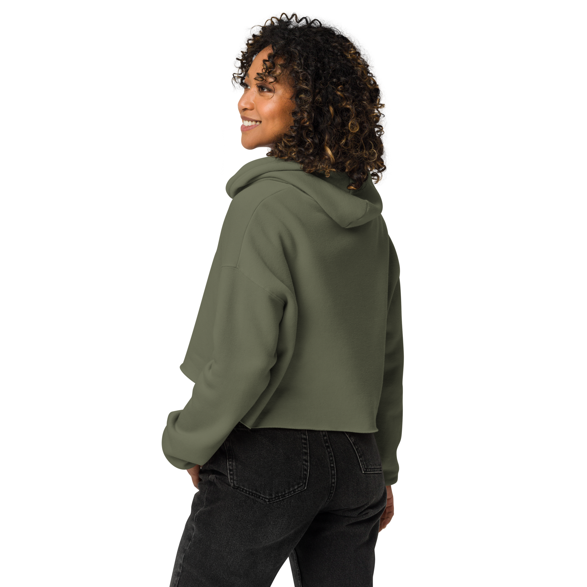 Grab Life Company cropped hoodie with Friends don't let Friends use Dating Apps printed on the front in pink on military green sweatshirt. Image shows the back.