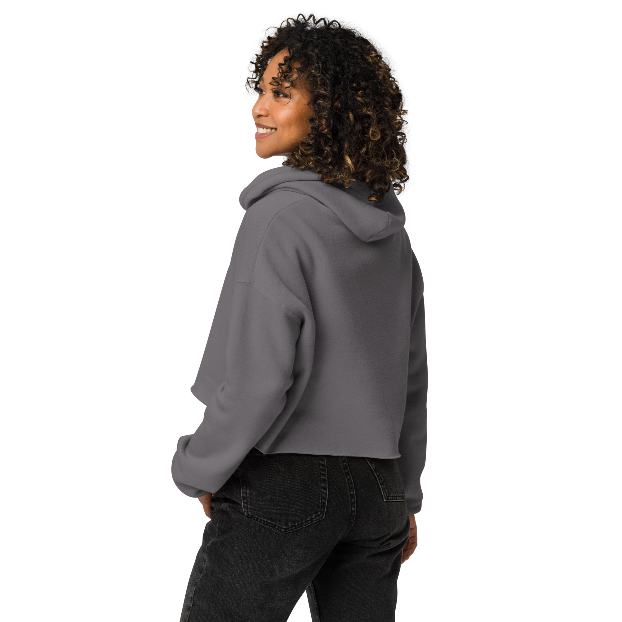 Grab Life Company cropped hoodie with Friends don't let Friends use Dating Apps printed on the front in pink on grey sweatshirt. Image shows the back.