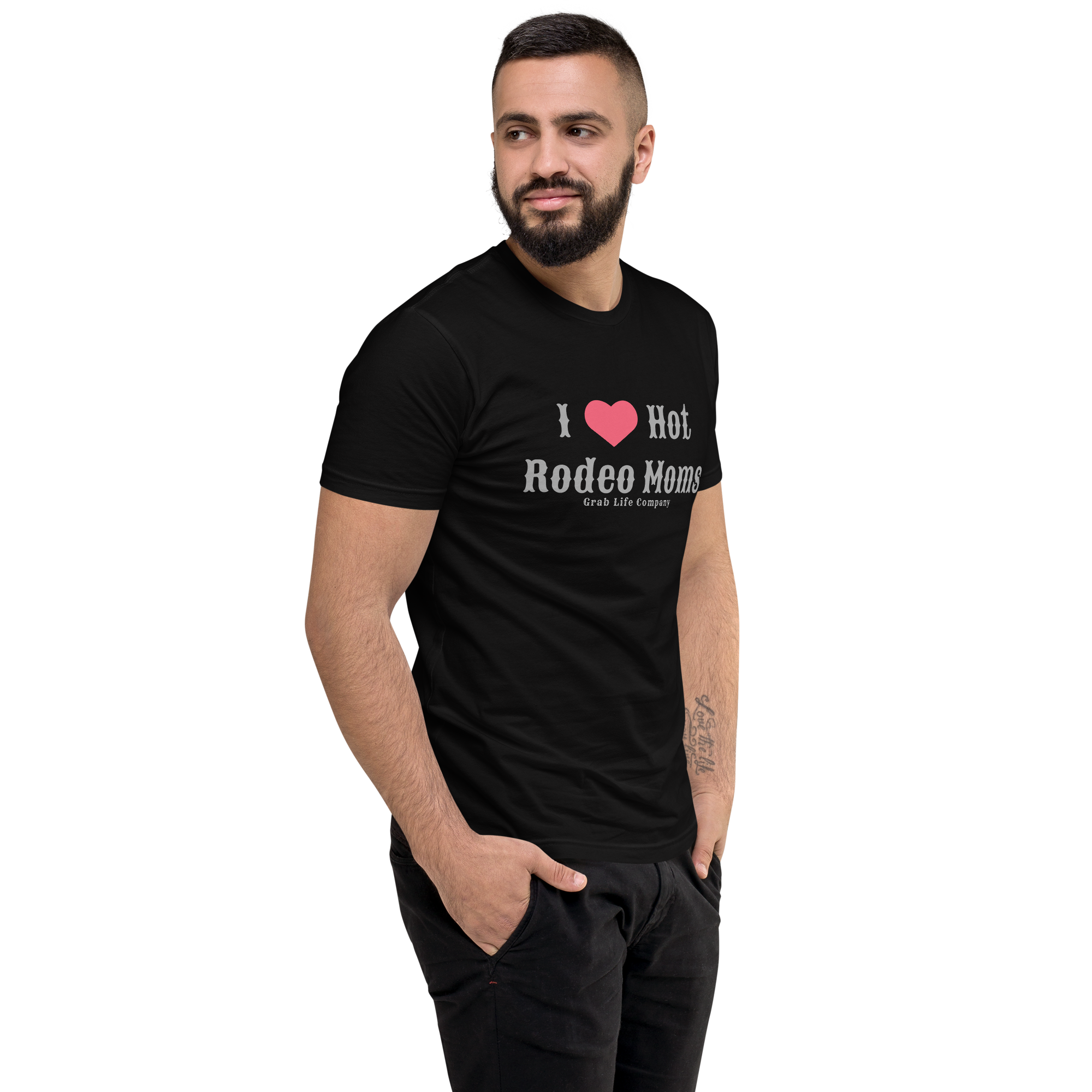 Grab Life Company men's fitted t-shirt printed with I Heart Hot Rodeo Moms in grey on a black tee. Image shows a man wearing the shirt.