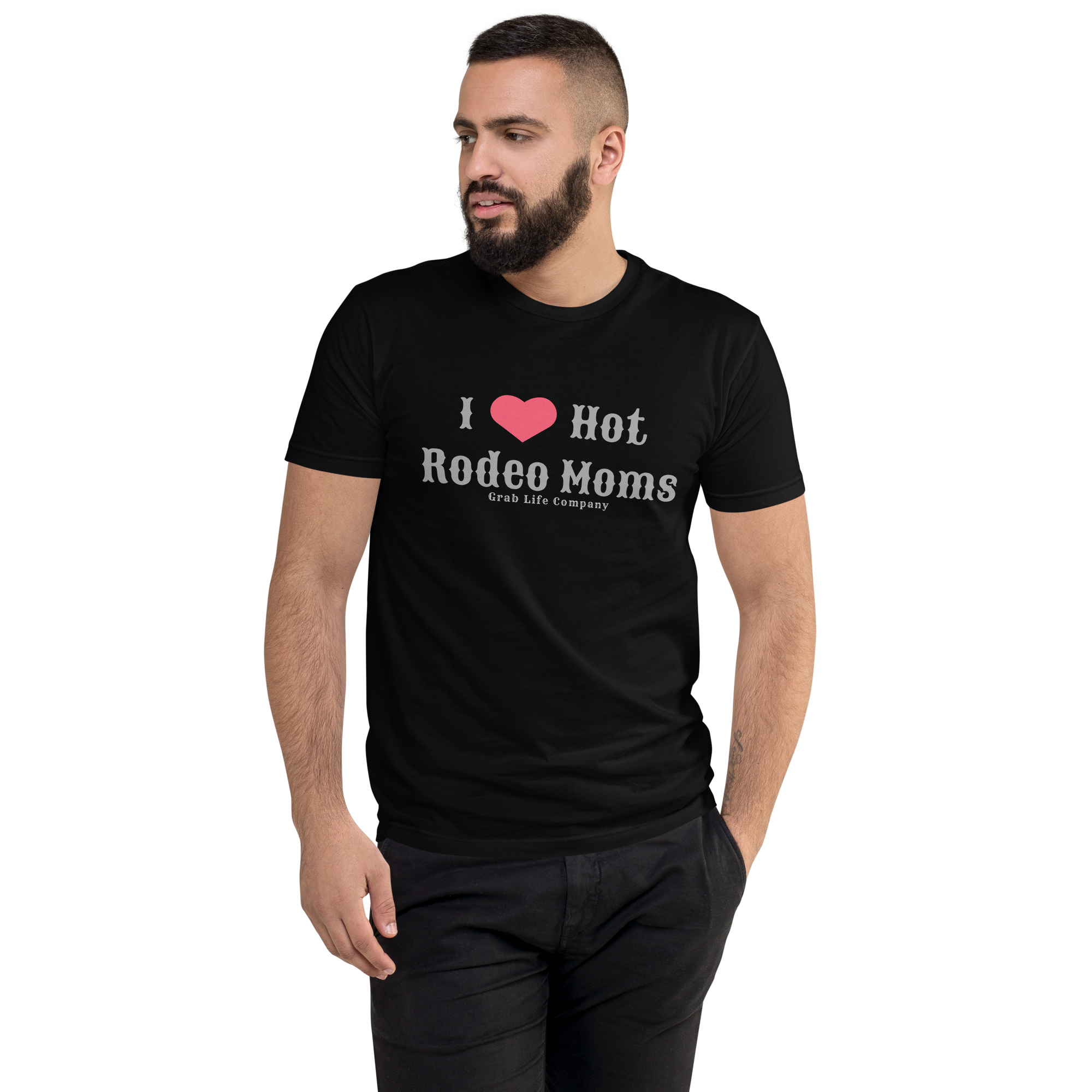 Grab Life Company men's fitted t-shirt printed with I Heart Hot Rodeo Moms in grey on a black tee. Image shows a man wearing the shirt.