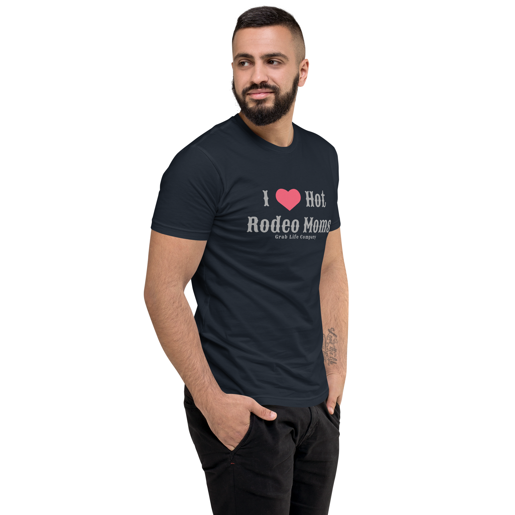 Grab Life Company men's fitted t-shirt printed with I Heart Hot Rodeo Moms in grey on a midnight navy tee. Image shows a man wearing the shirt.
