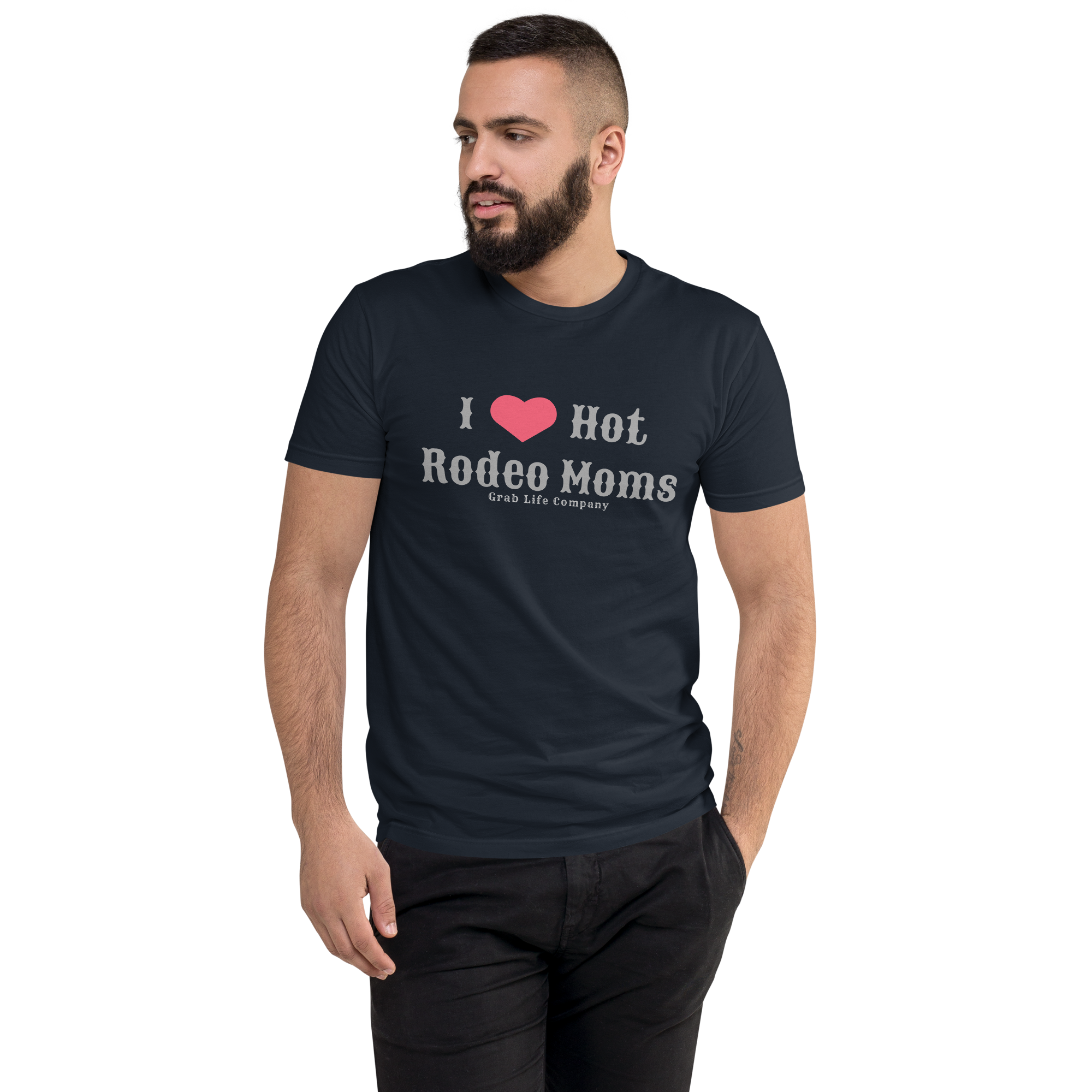 Grab Life Company men's fitted t-shirt printed with I Heart Hot Rodeo Moms in grey on a midnight navy tee. Image shows a man wearing the shirt.