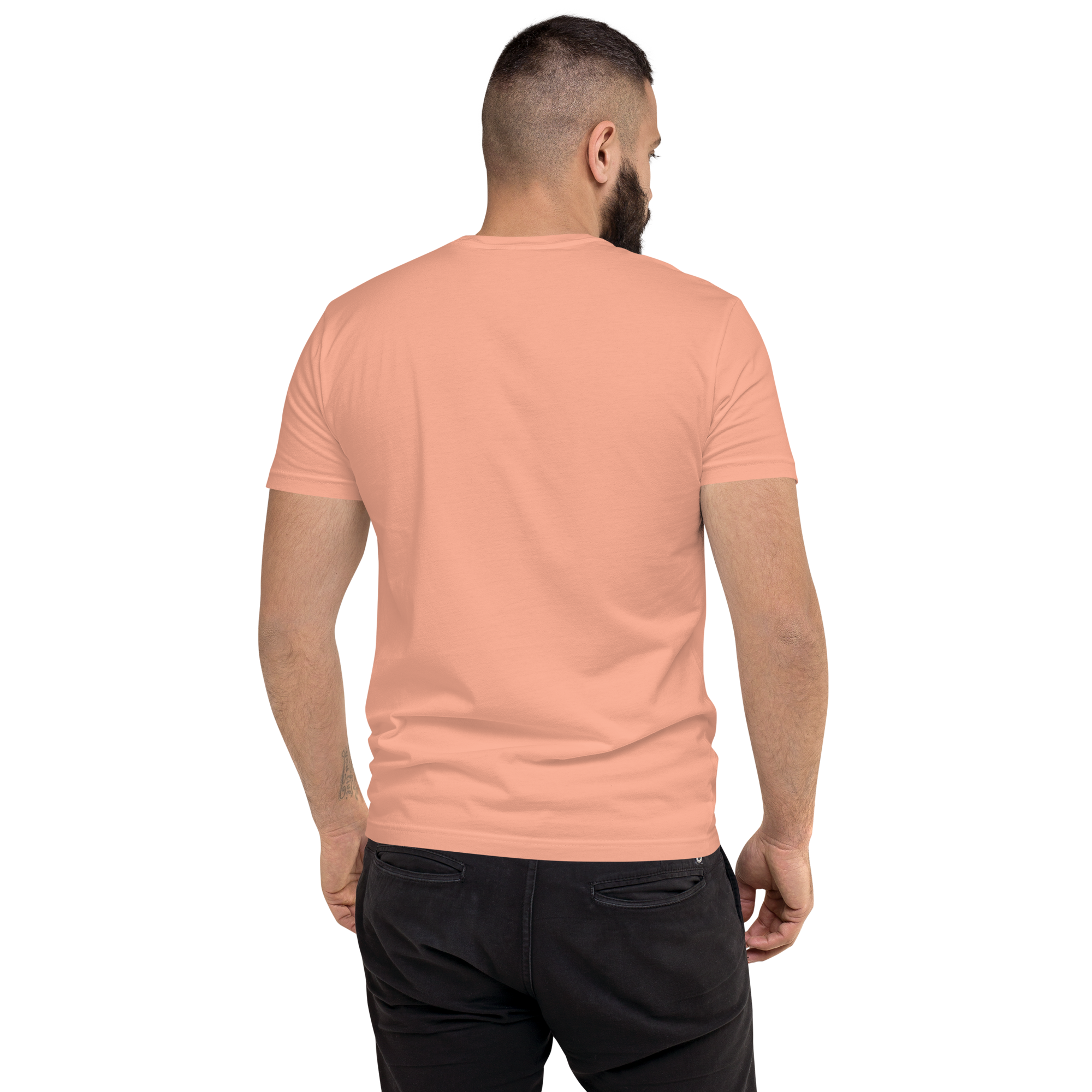 Grab Life Company men's fitted t-shirt printed with I Heart Hot Rodeo Moms in grey on a desert pink tee. Image shows the back.