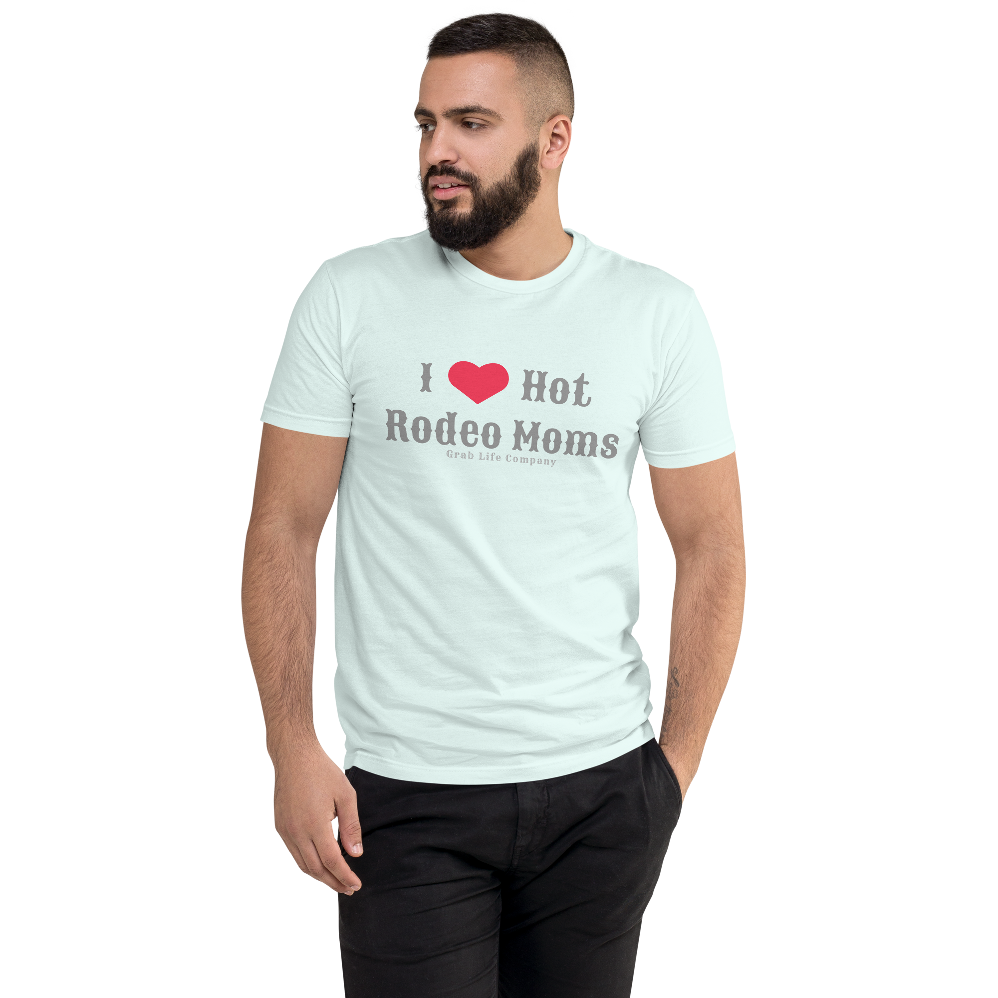 Grab Life Company men's fitted t-shirt printed with I Heart Hot Rodeo Moms in grey on a light blue tee. Image shows a man wearing the shirt.