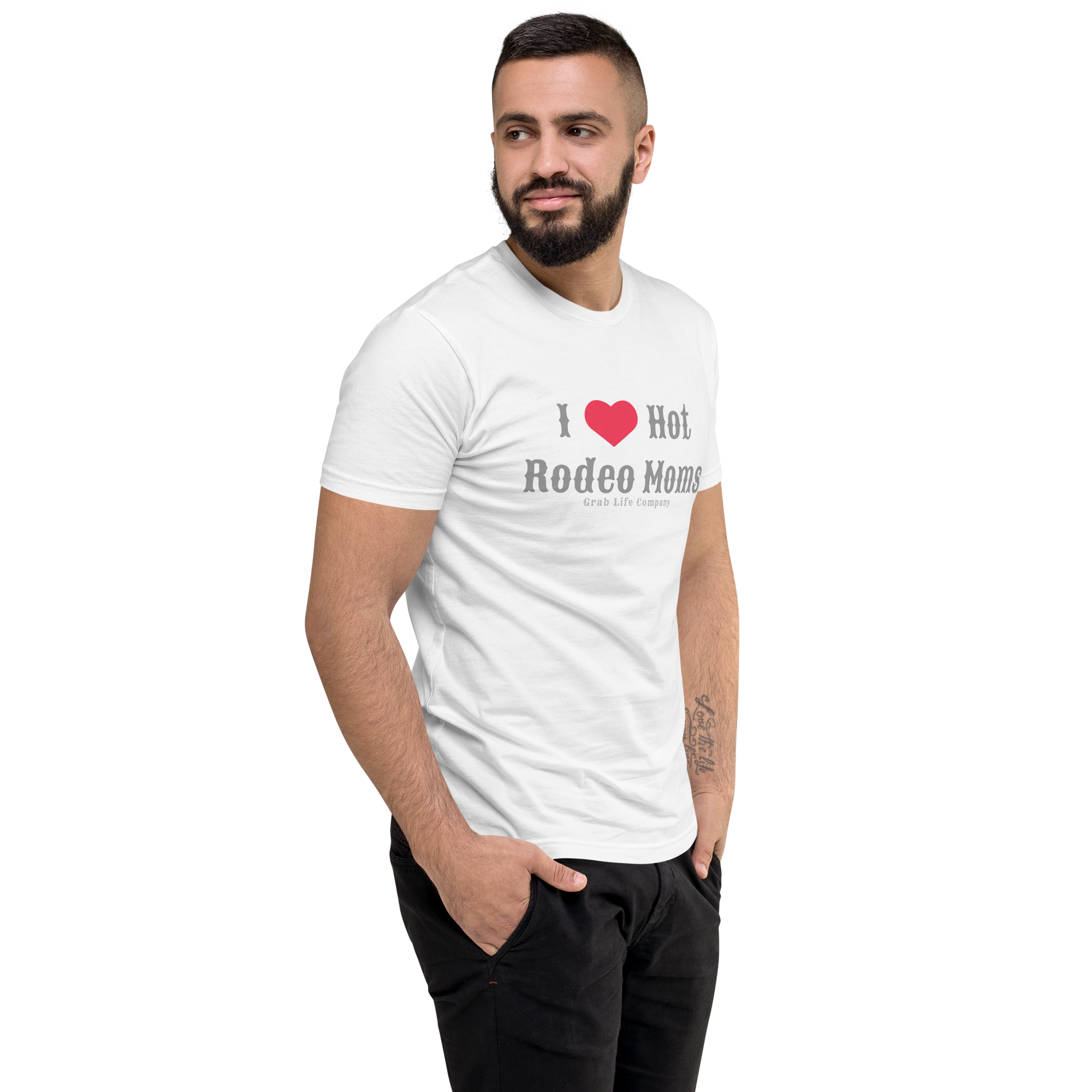 Grab Life Company men's fitted t-shirt printed with I Heart Hot Rodeo Moms in grey on a white tee. Image shows a man wearing the shirt.