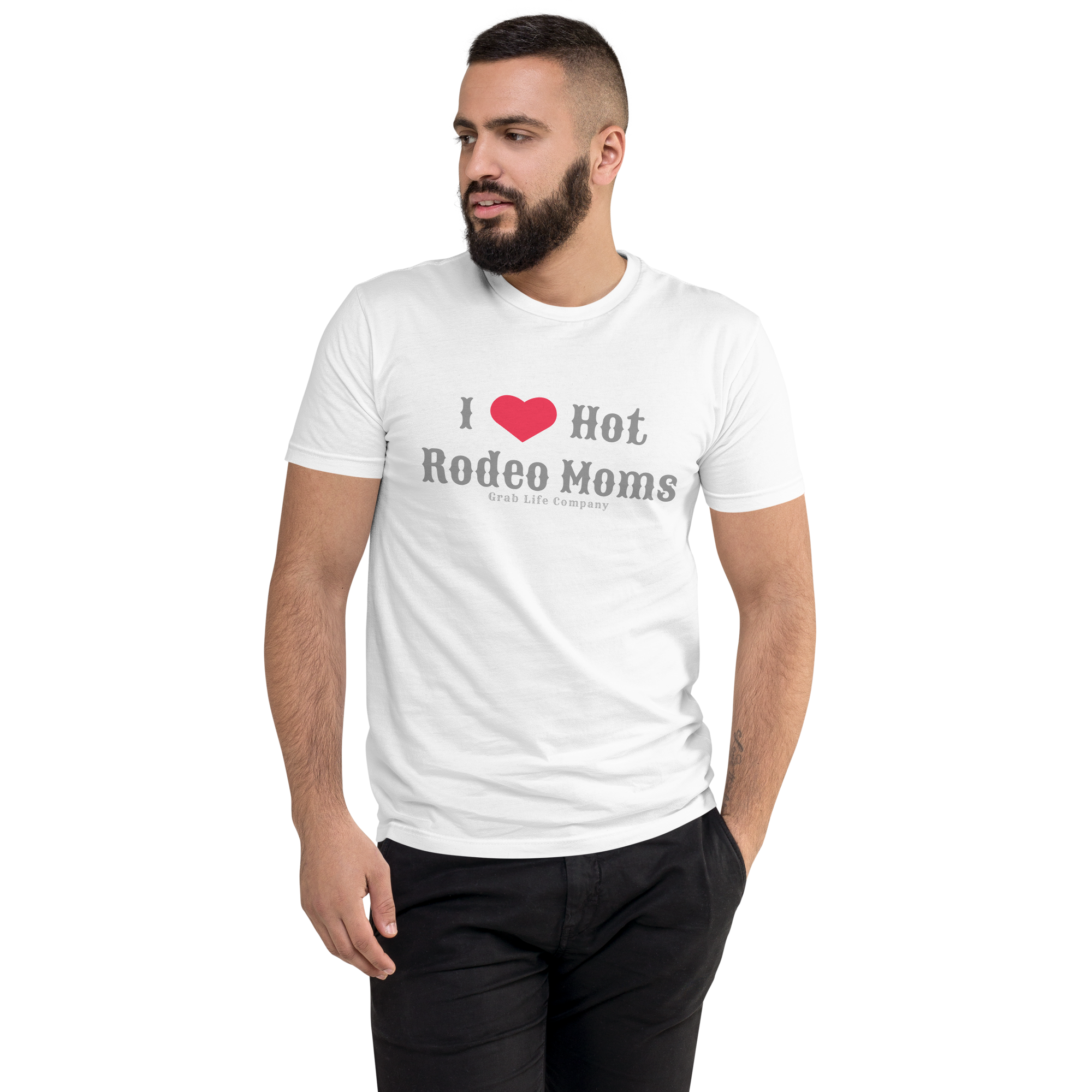 Grab Life Company men's fitted t-shirt printed with I Heart Hot Rodeo Moms in grey on a white tee. Image shows a man wearing the shirt.