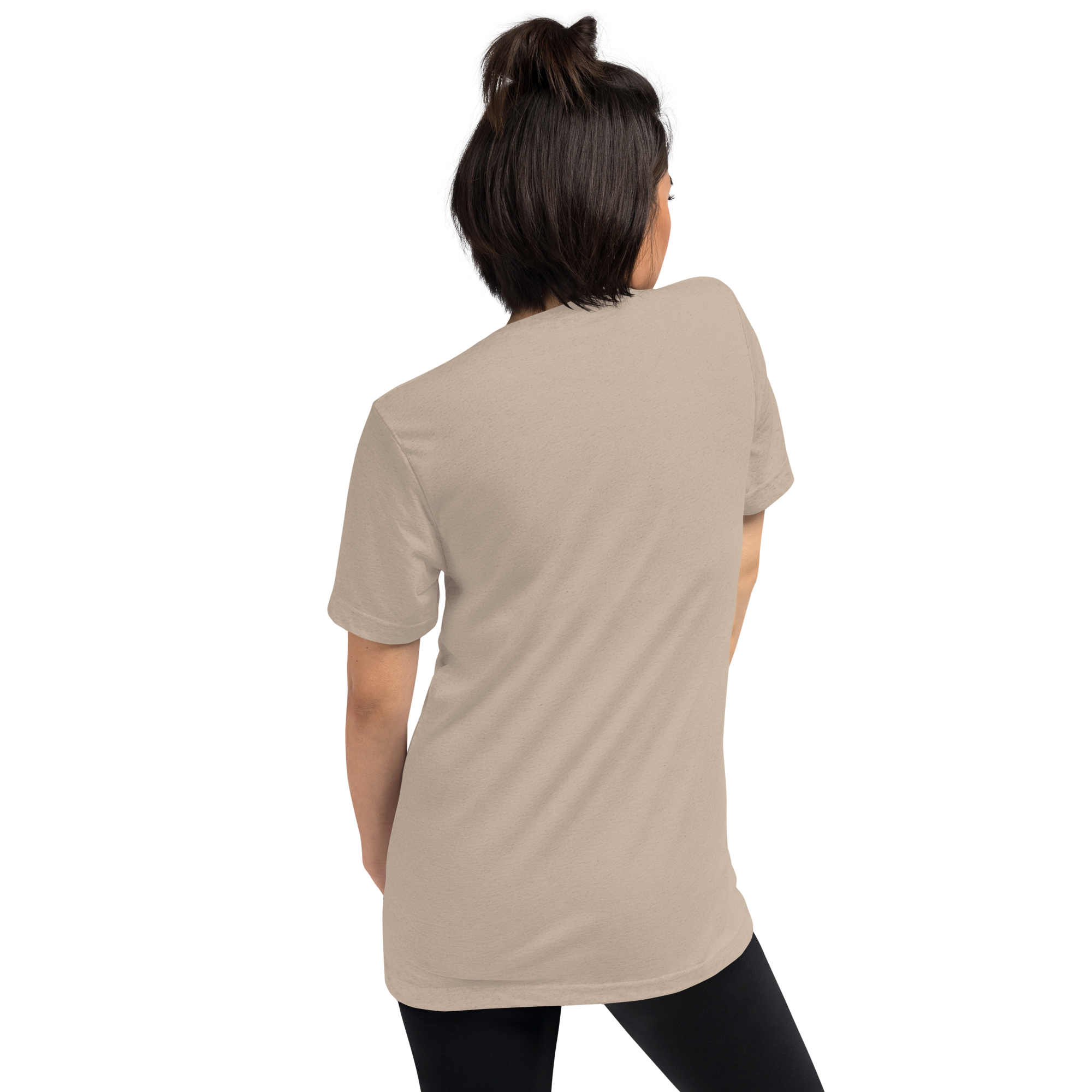 Grab Life Company unisex t-shirt with To-Do List: wake up. drink coffee. do shit. repeat. written on the front in black on a tan triblend tee. Image shows the back.