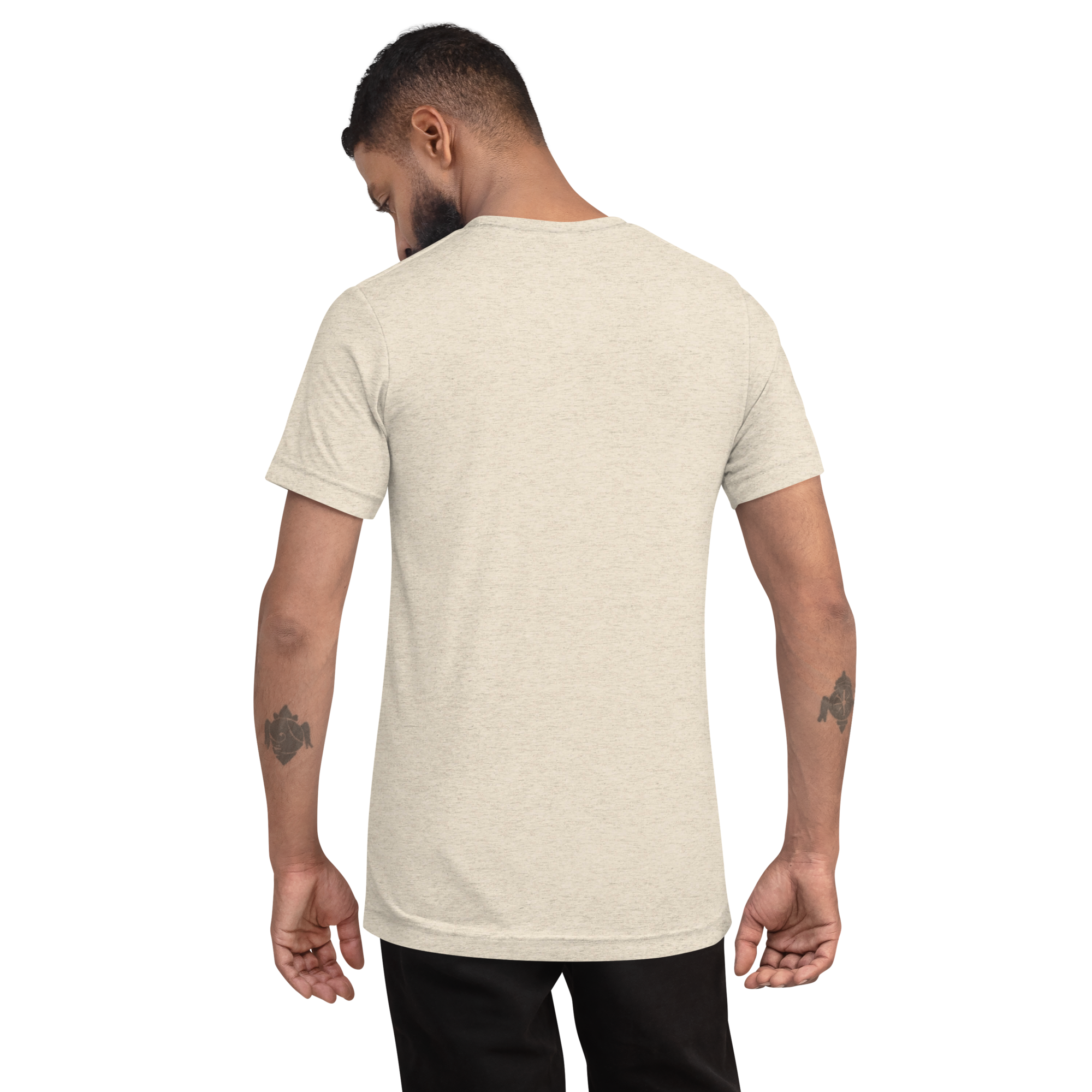 Grab Life Company unisex t-shirt with To-Do List: wake up. drink coffee. do shit. repeat. written on the front in black on a oatmeal triblend tee. Image shows the back.