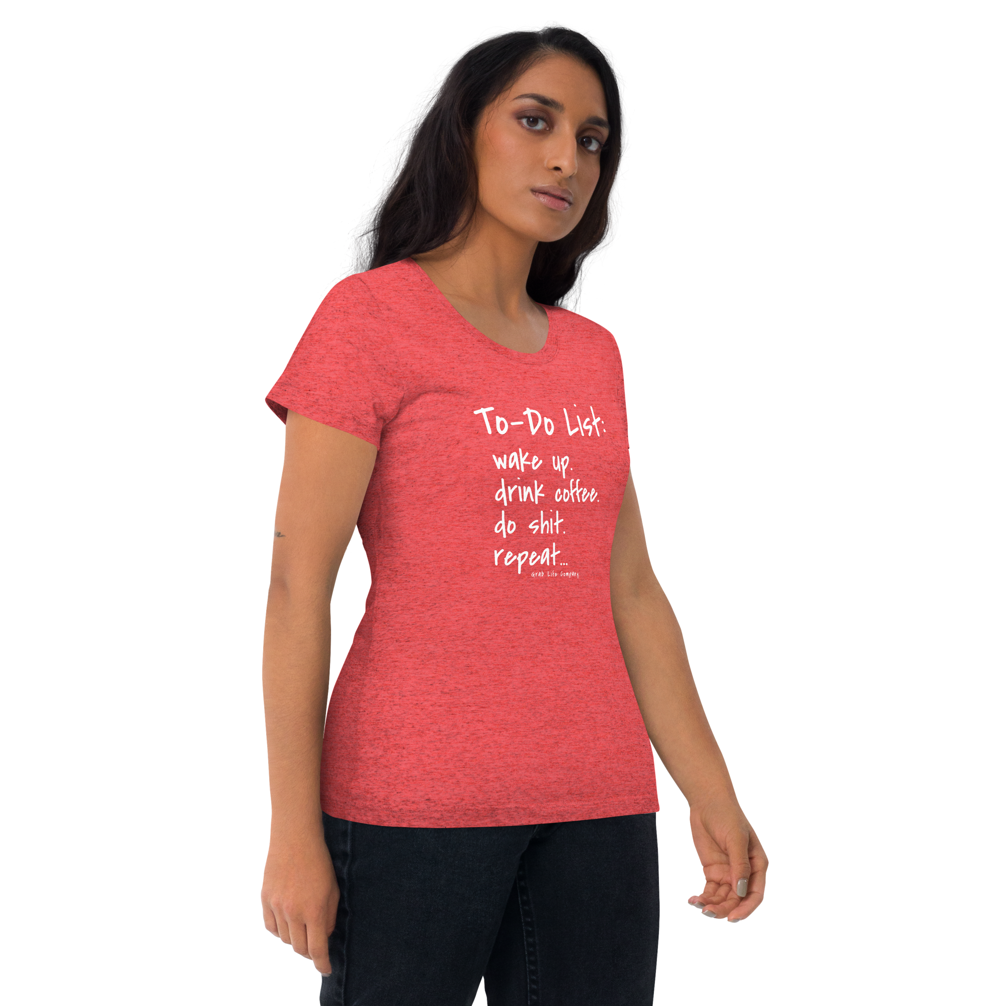 Grab Life Company unisex t-shirt with To-Do List: wake up. drink coffee. do shit. repeat. written on the front in white on a red triblend tee. Image shows a woman wearing the shirt.